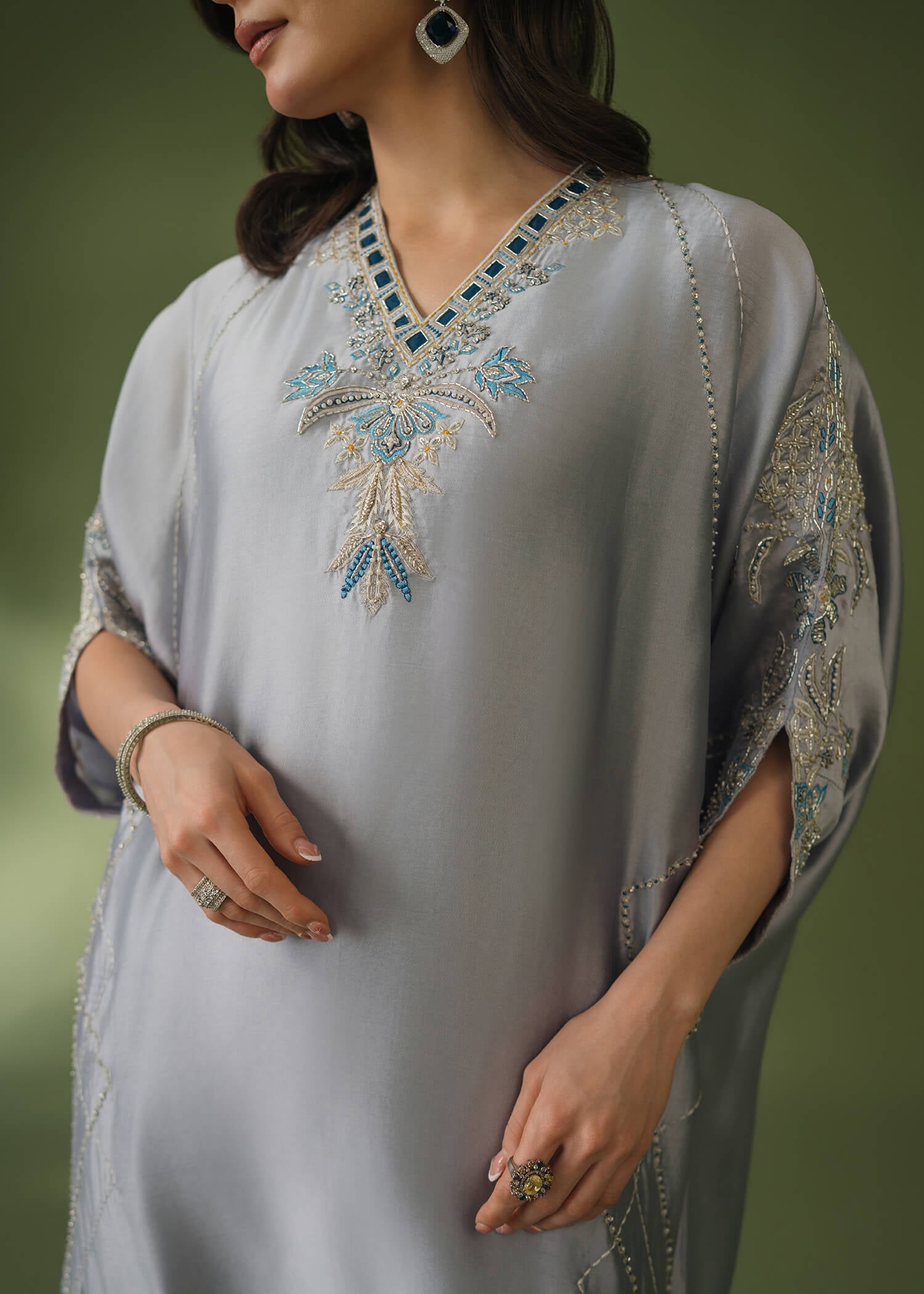 Grey silk kaftan 3-piece suit with beadwork and organza dupatta
