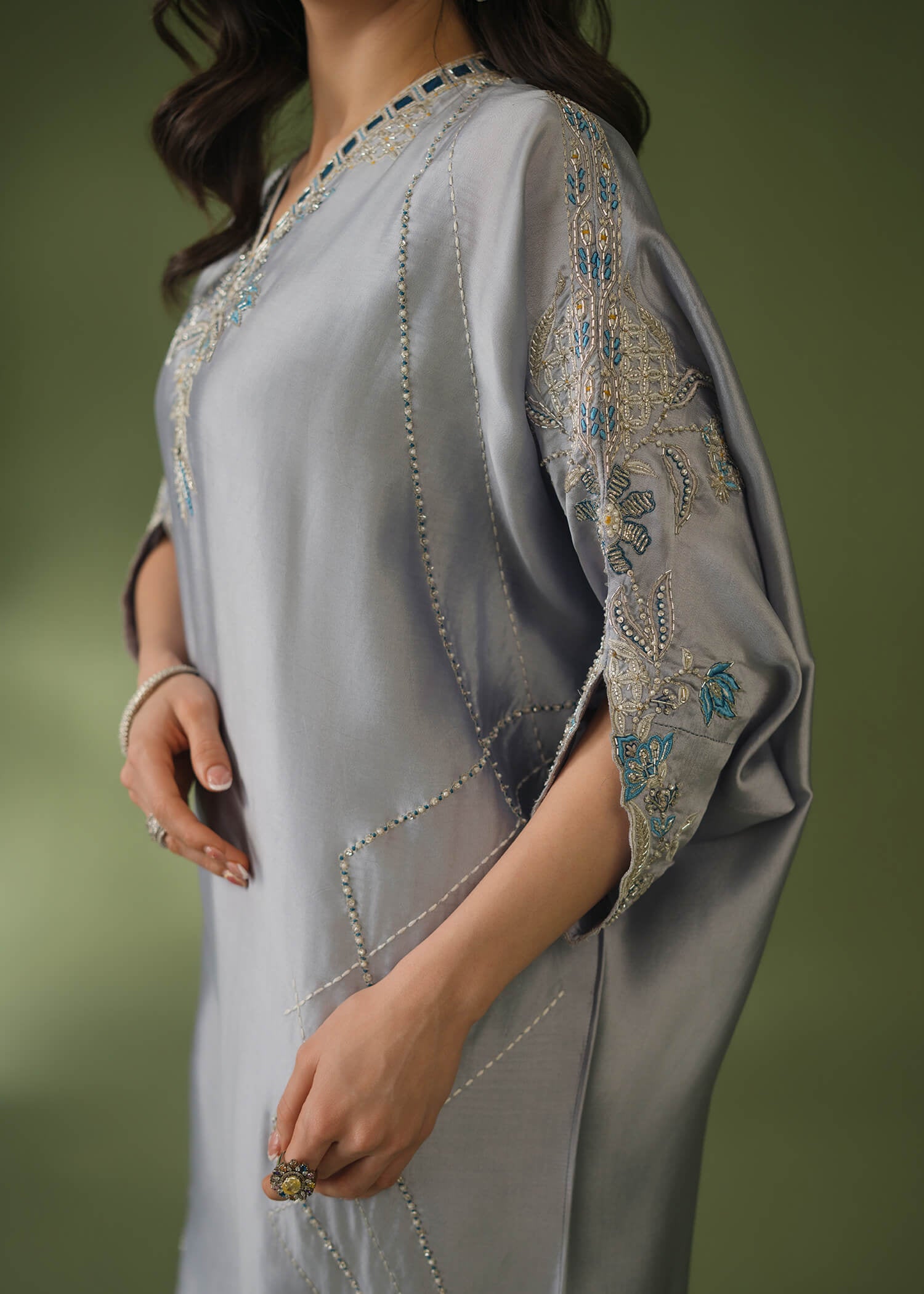 Grey silk kaftan 3-piece suit with beadwork and organza dupatta