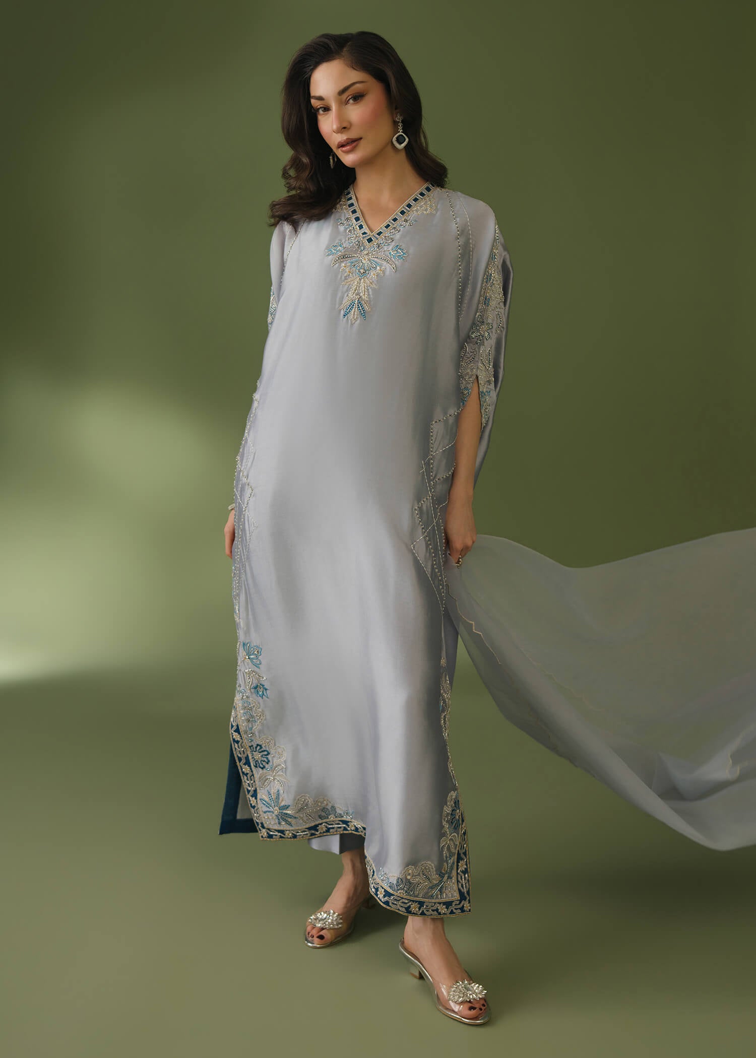 Grey silk kaftan 3-piece suit with beadwork and organza dupatta