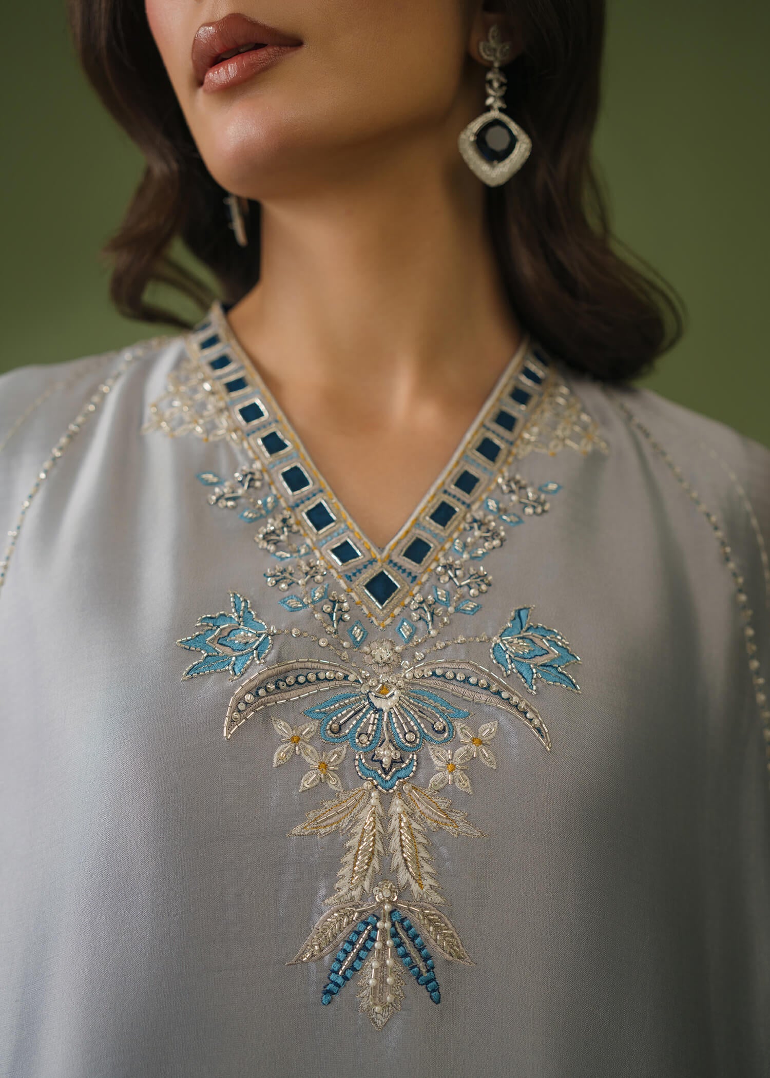 Grey silk kaftan 3-piece suit with beadwork and organza dupatta