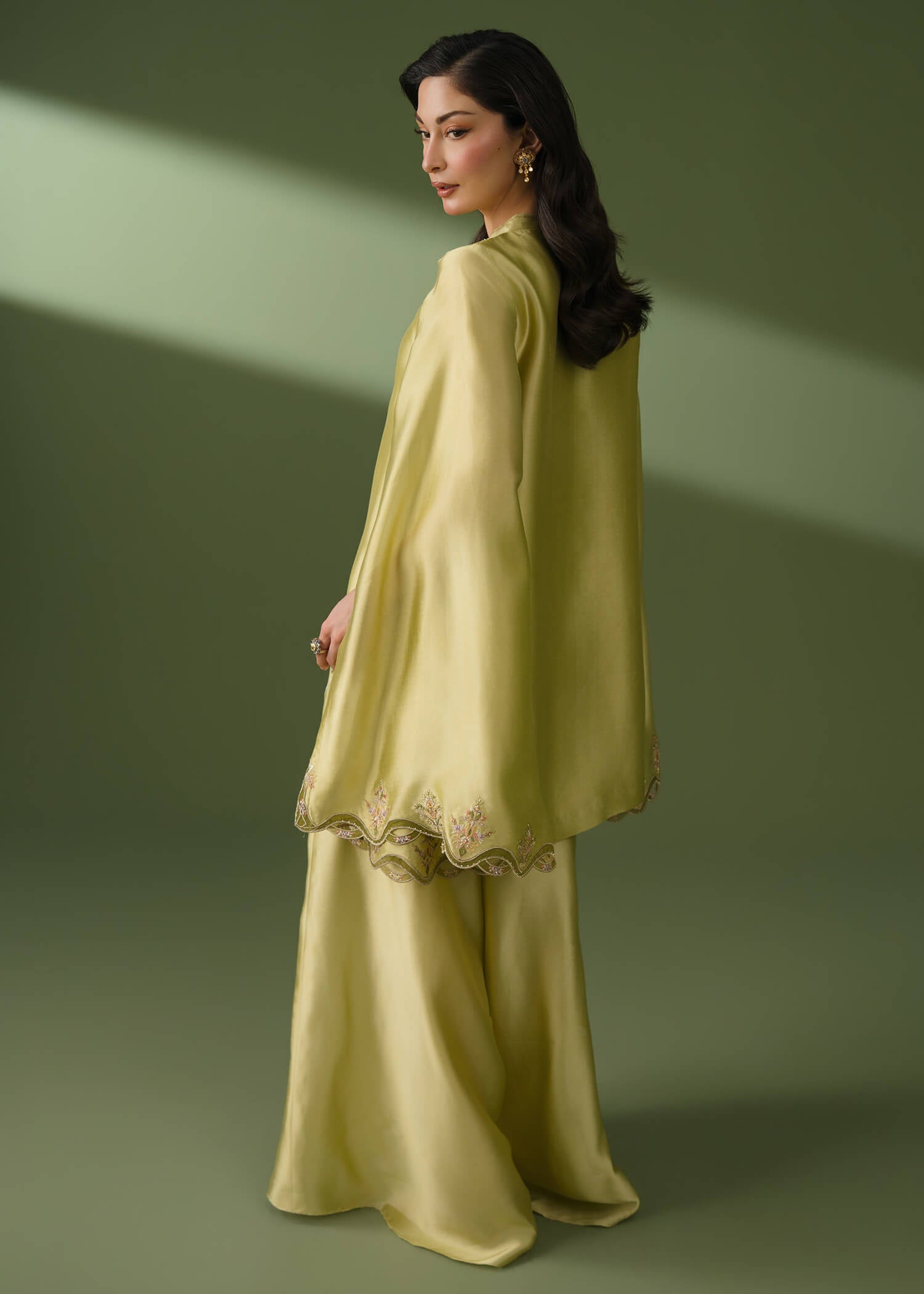 Lemon green silk cape and palazzo set with long-slit sleeves