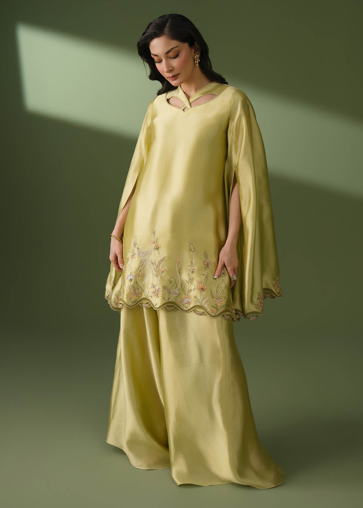 Lemon green silk cape and palazzo set with long-slit sleeves