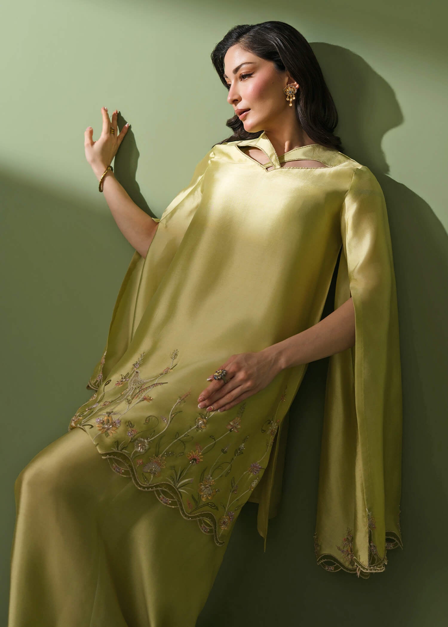 Lemon green silk cape and palazzo set with long-slit sleeves