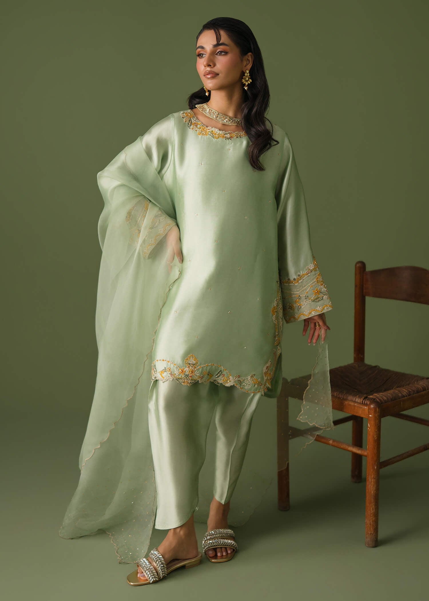 Light green silk 3-piece suit, short shirt with skinny shalwar