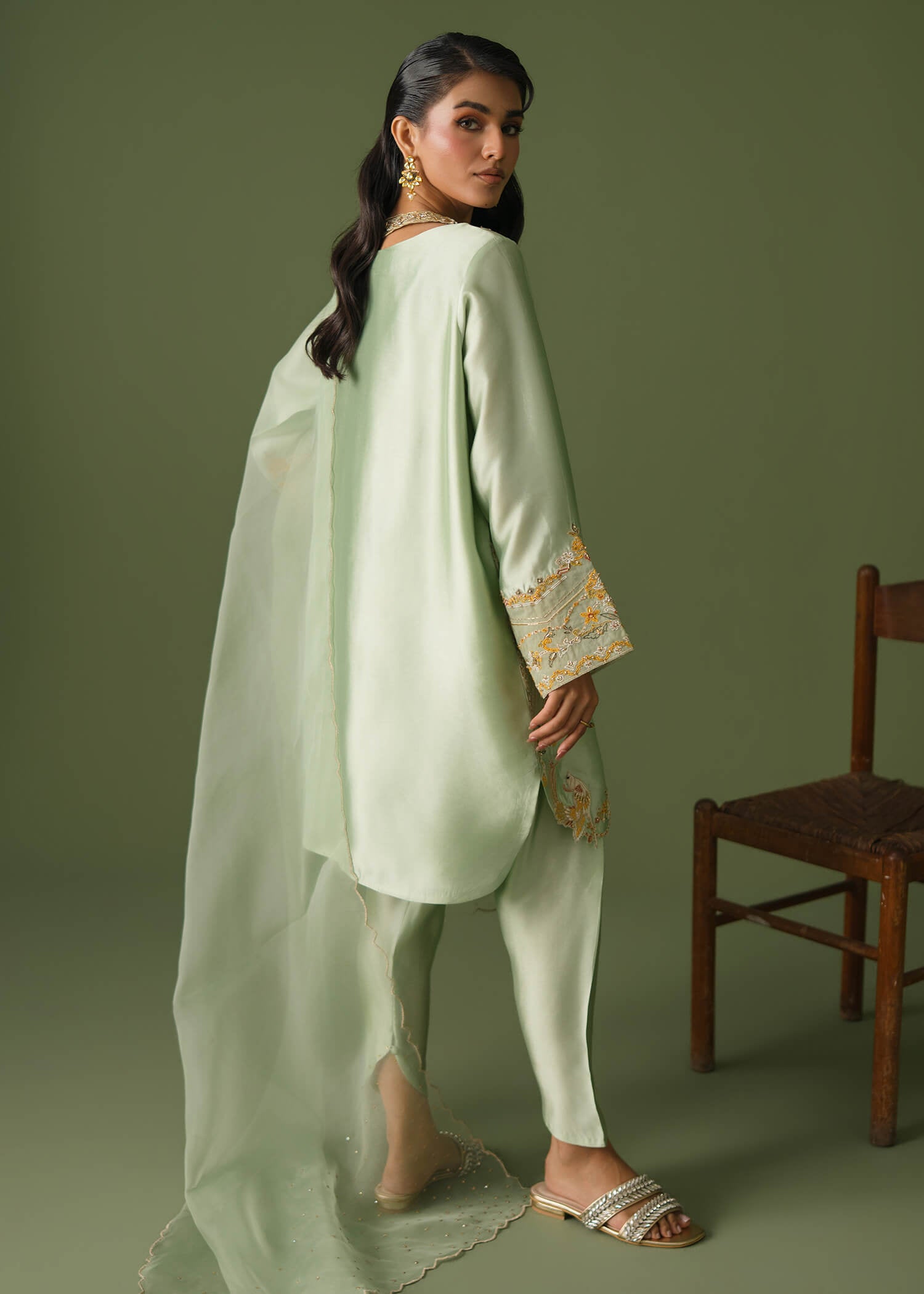 Light green silk 3-piece suit, short shirt with skinny shalwar