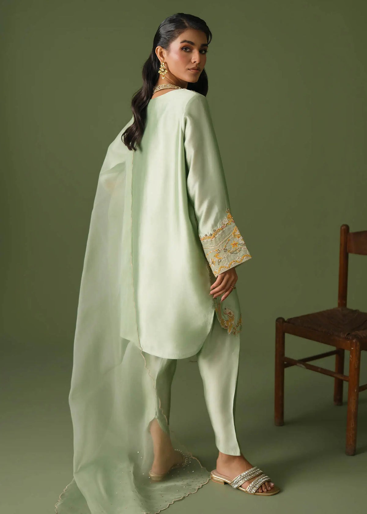 Light green silk 3-piece suit, short shirt with skinny shalwar