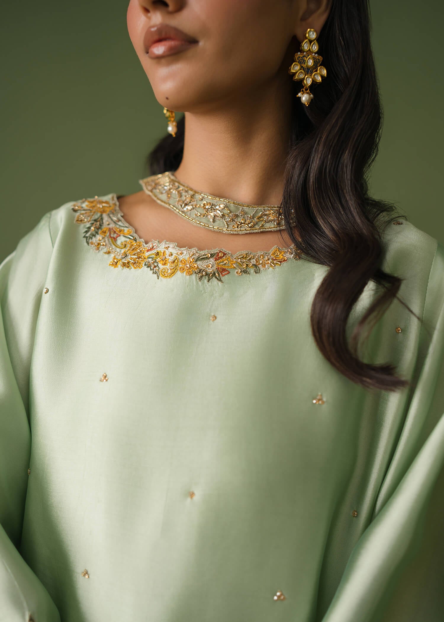 Light green silk 3-piece suit, short shirt with skinny shalwar
