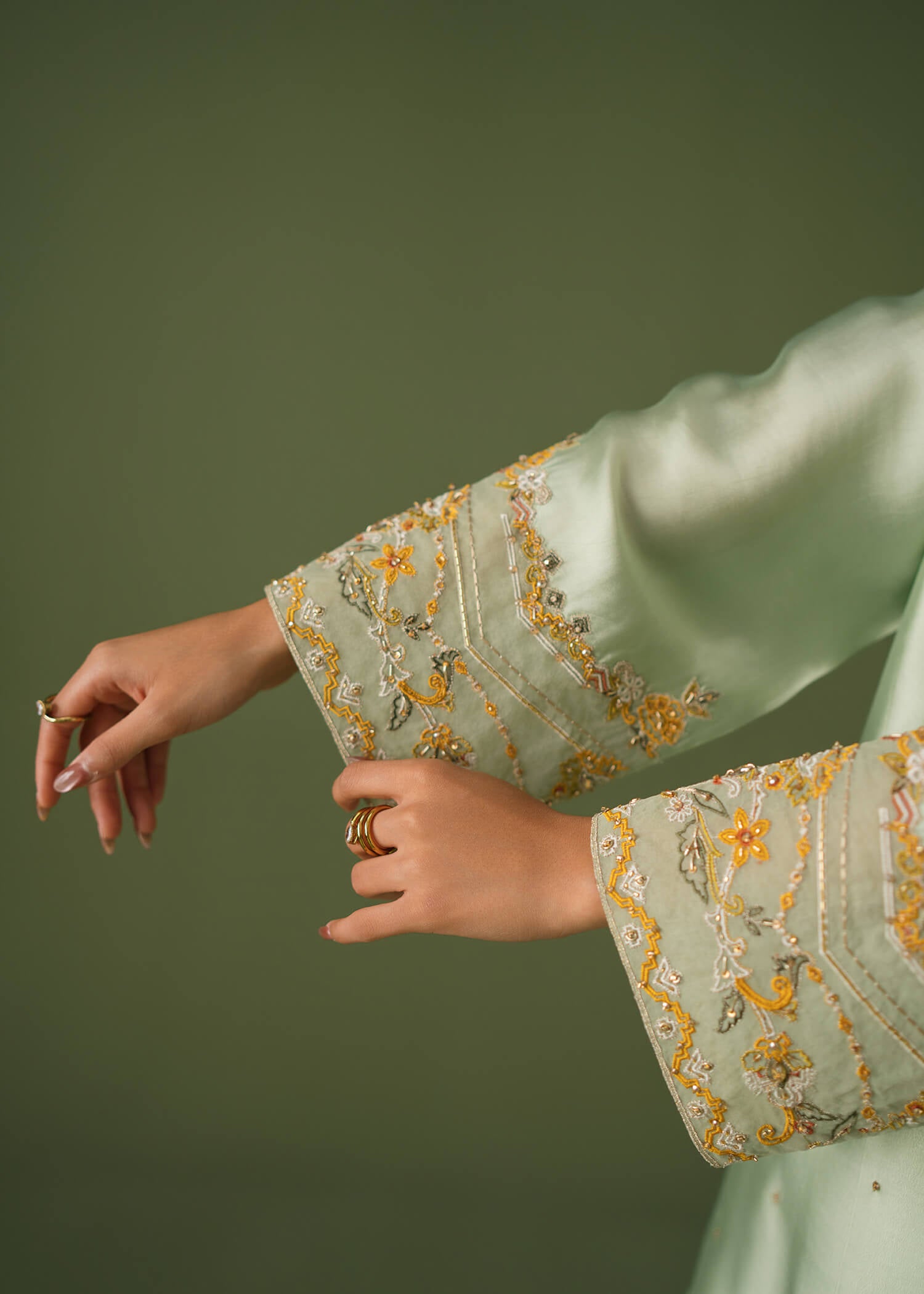 Light green silk 3-piece suit, short shirt with skinny shalwar