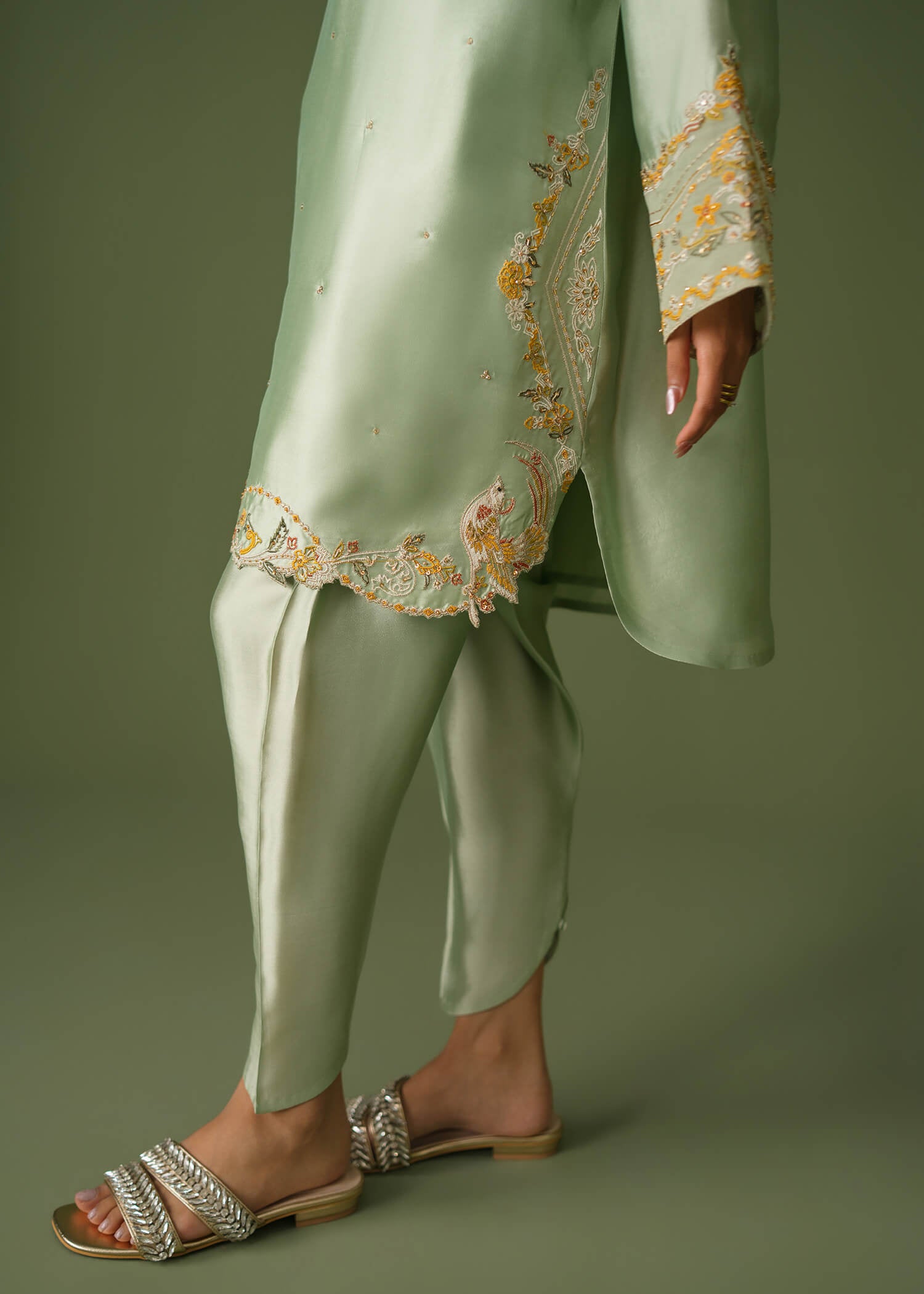Light green silk 3-piece suit, short shirt with skinny shalwar