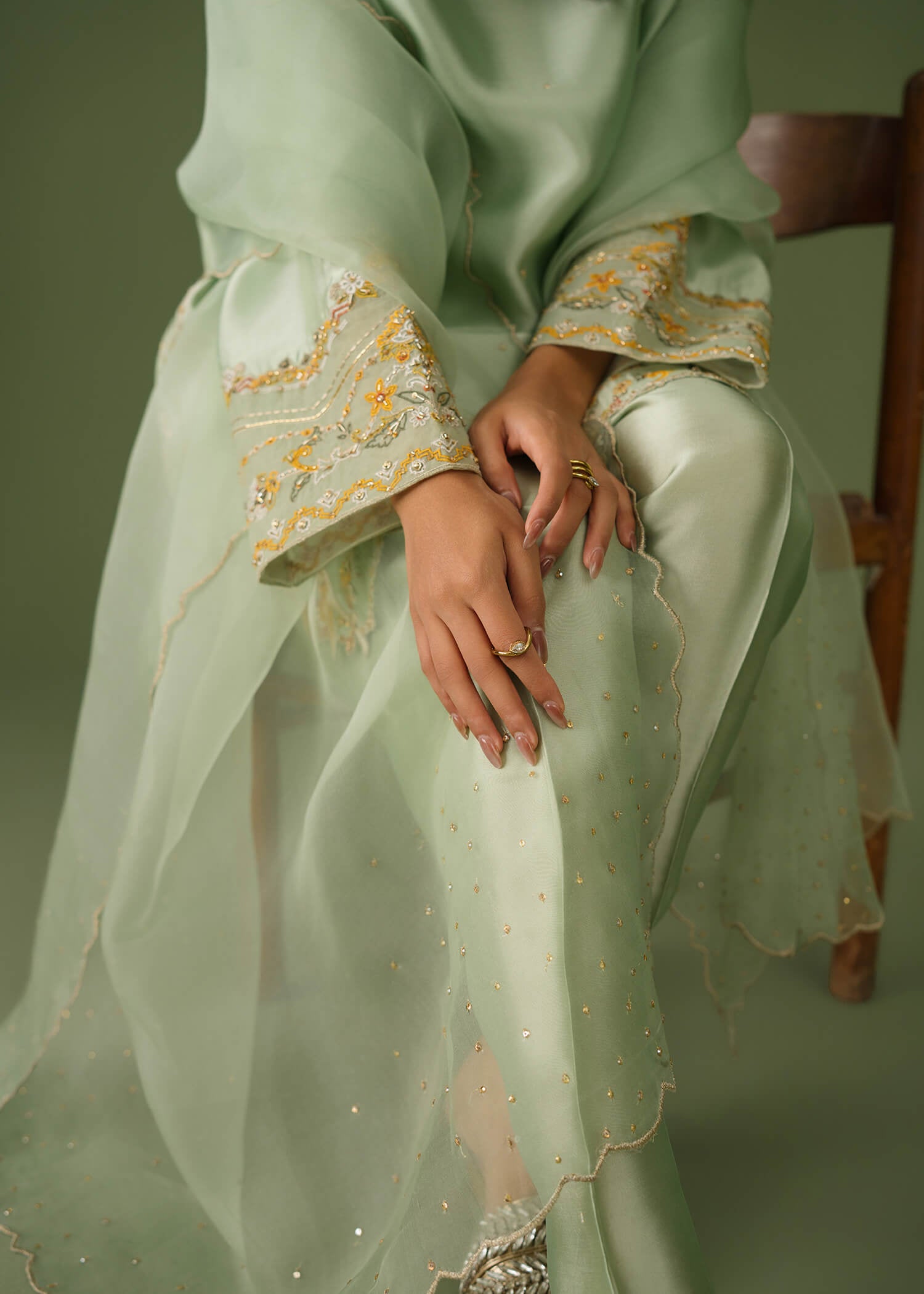 Light green silk 3-piece suit, short shirt with skinny shalwar