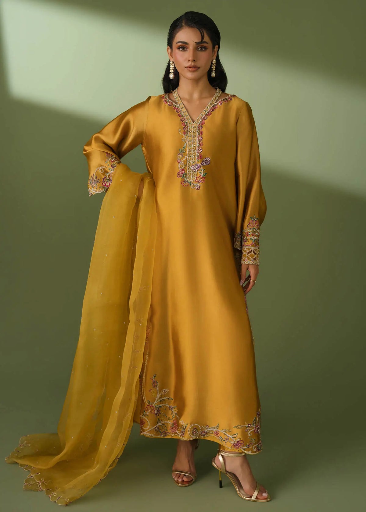 Mustard silk 3-piece suit with embroidery and scalloped dupatta