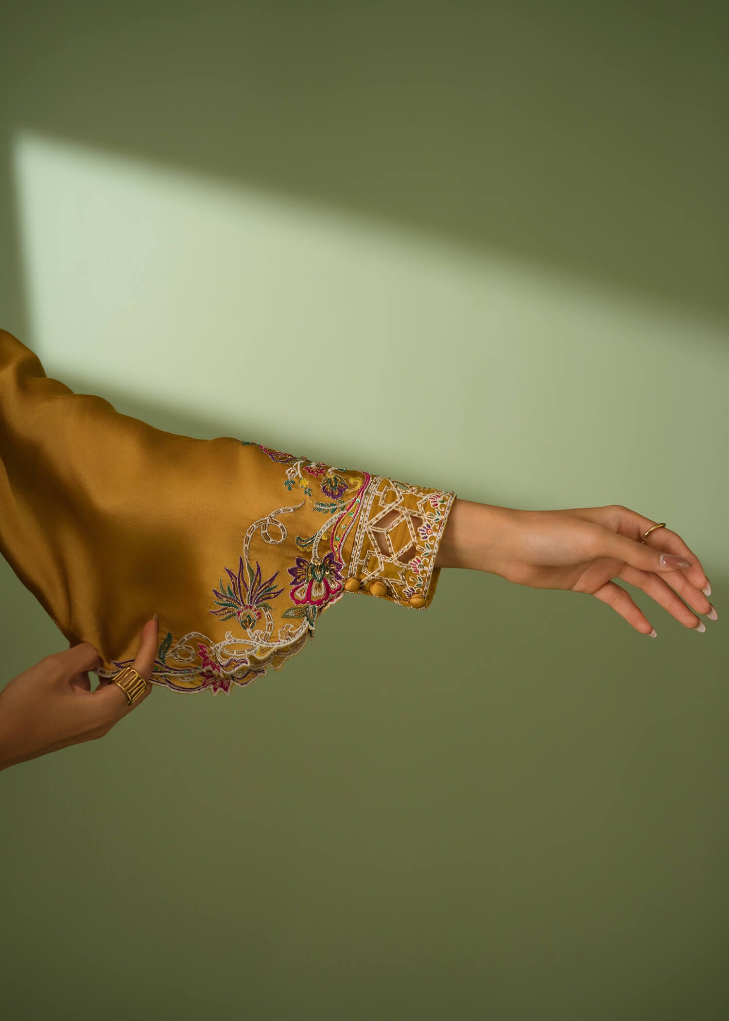 Mustard silk 3-piece suit with embroidery and scalloped dupatta