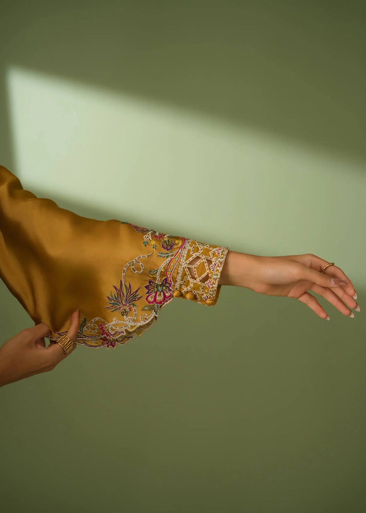 Mustard silk 3-piece suit with embroidery and scalloped dupatta