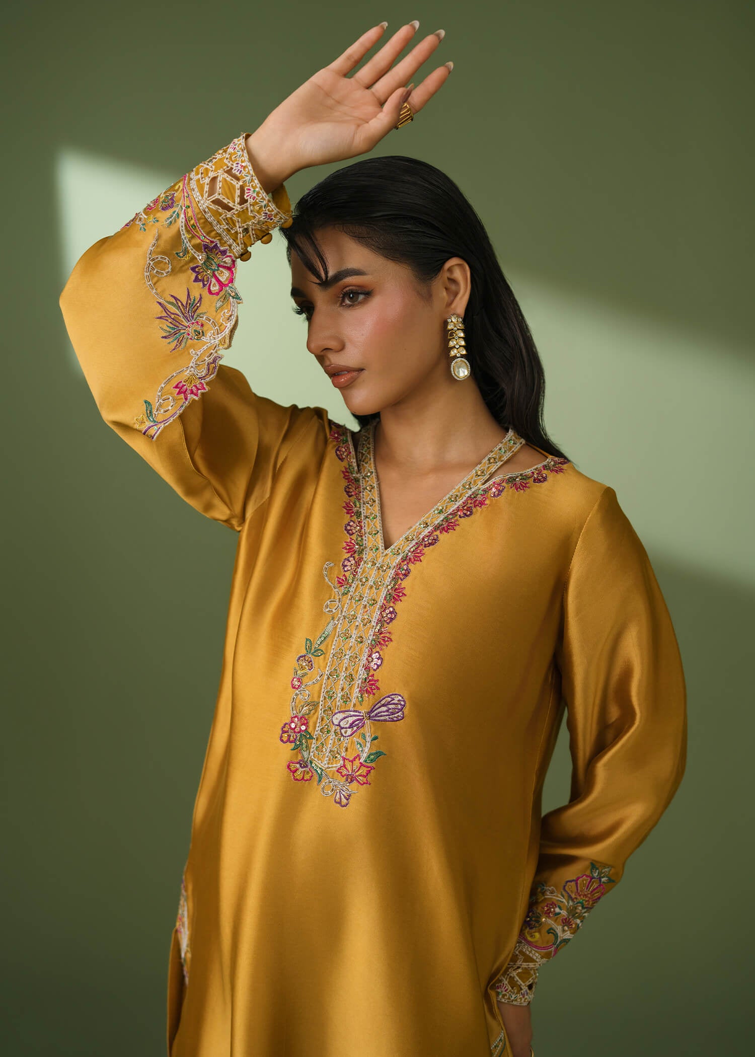 Mustard silk 3-piece suit with embroidery and scalloped dupatta