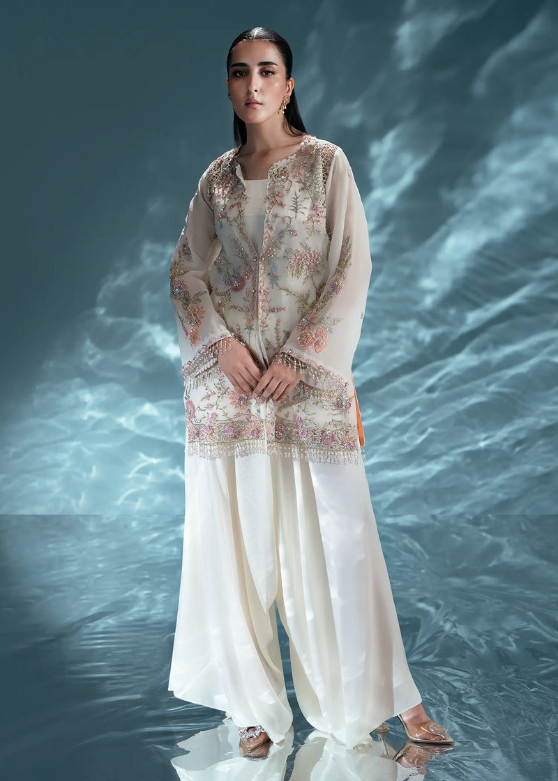 JEEM Lavender White formal jacket with pearl, resham and cut daana embroidery