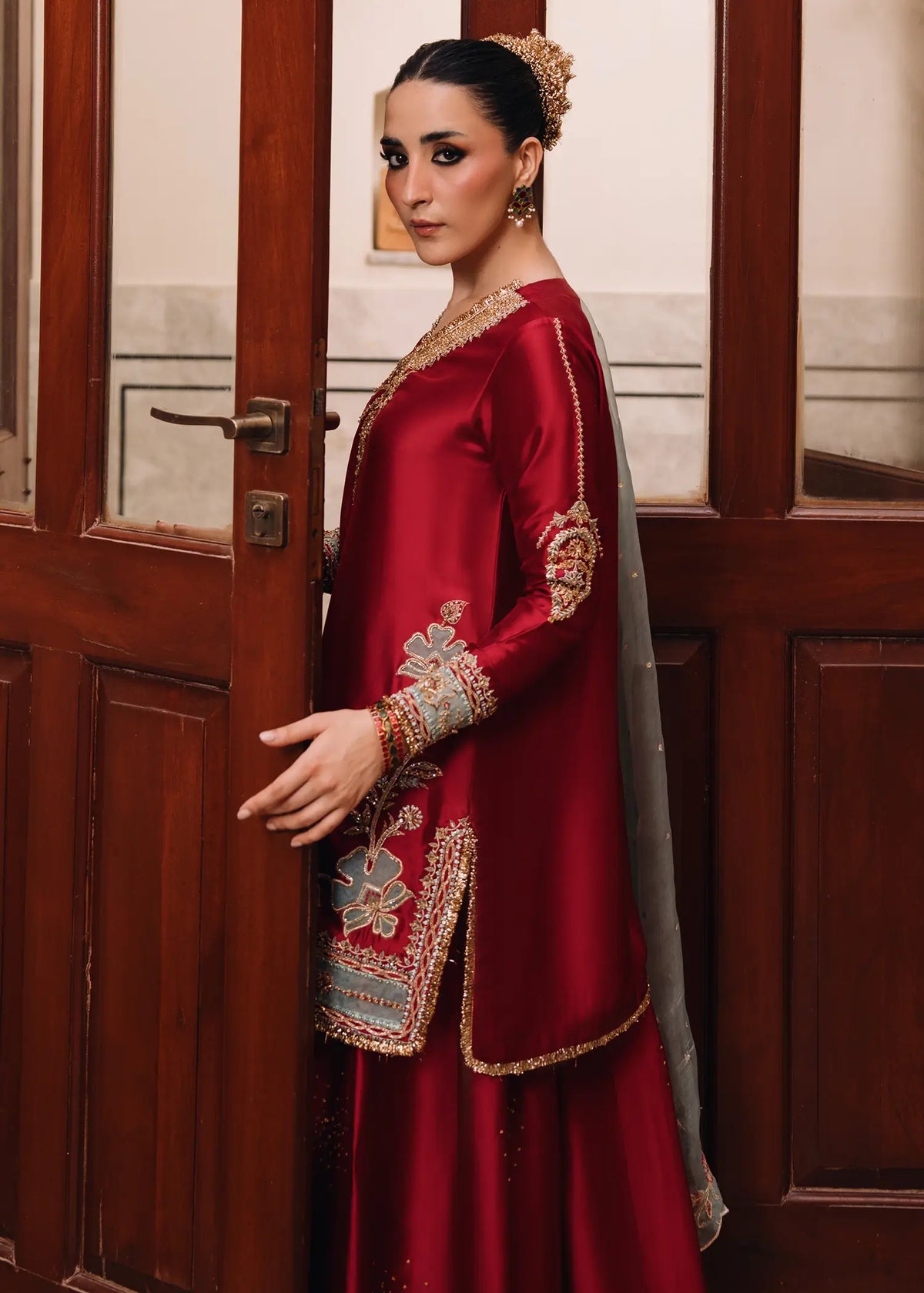 JEEM Mirage deep red sheesha silk suit with zardozi embroidery and Sharara
