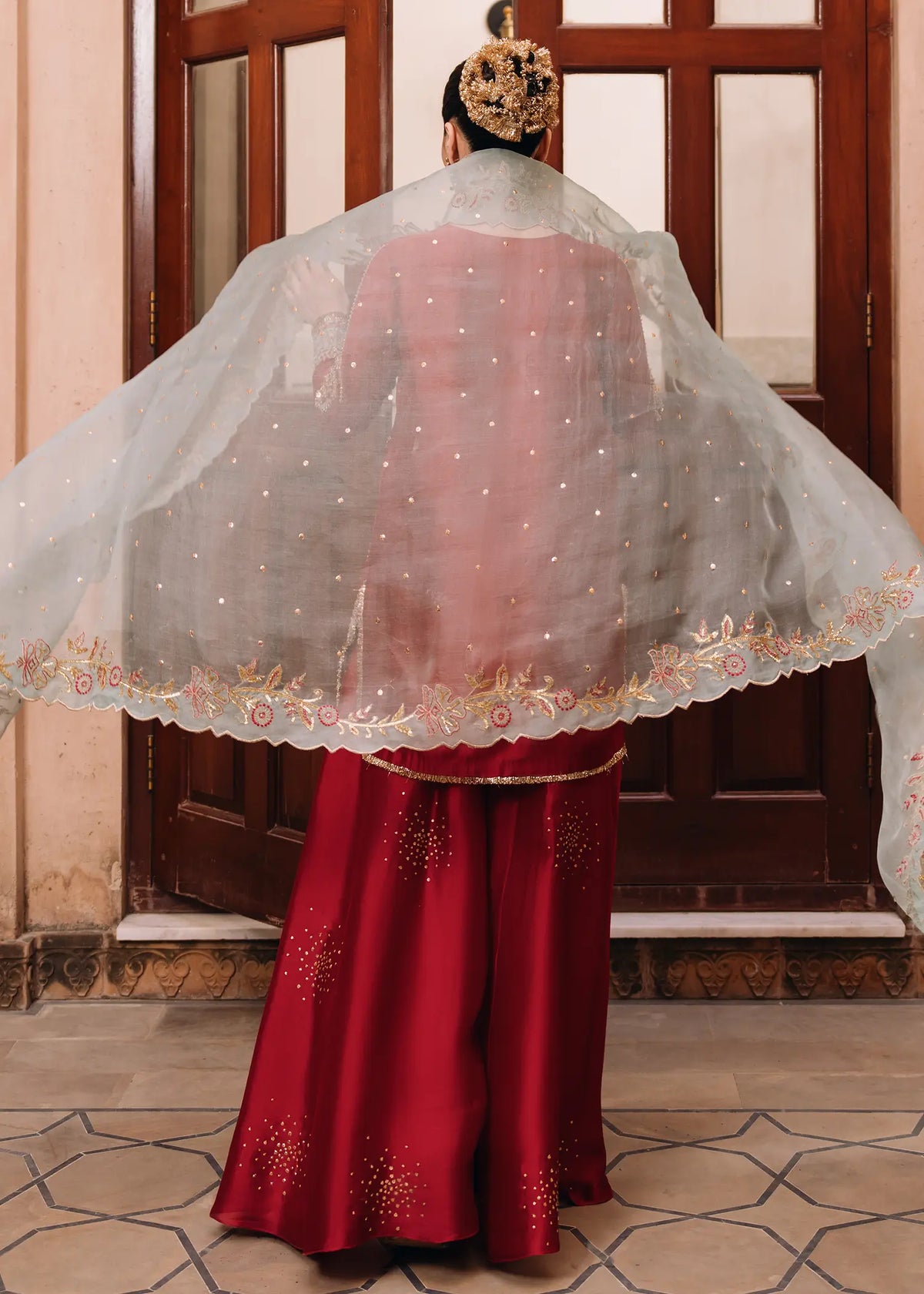 JEEM Mirage deep red sheesha silk suit with zardozi embroidery and Sharara
