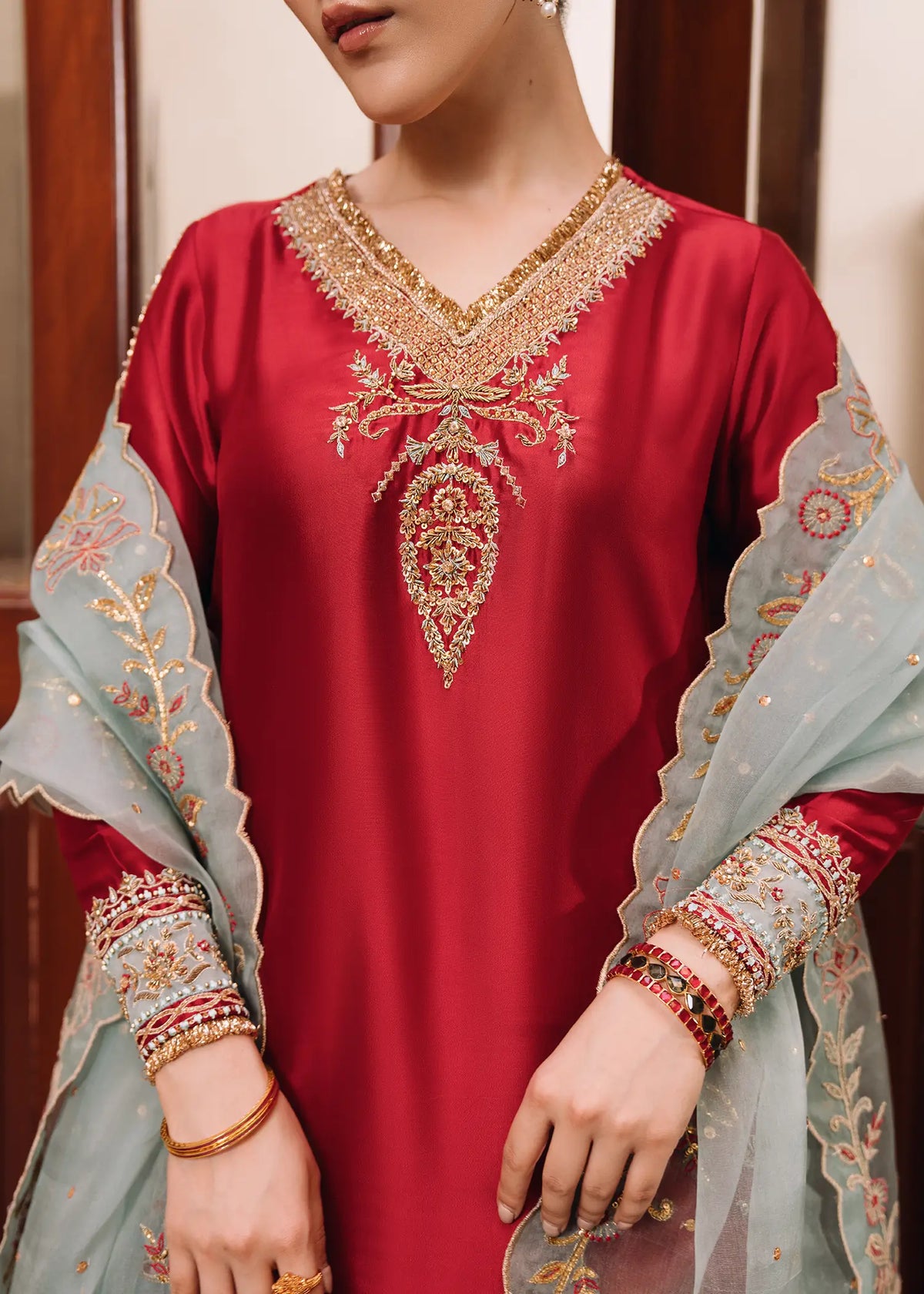 JEEM Mirage deep red sheesha silk suit with zardozi embroidery and Sharara
