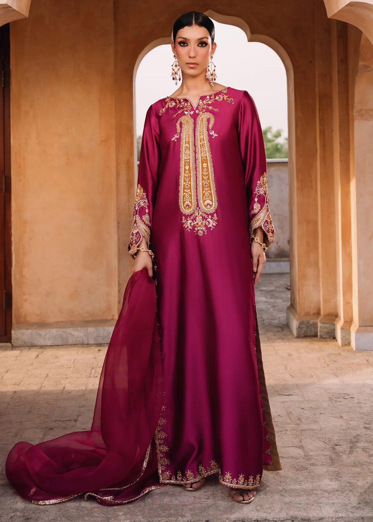 JEEM Magenta Paisely silk suit with paisley zardozi embroidery and chooridar pyjama
