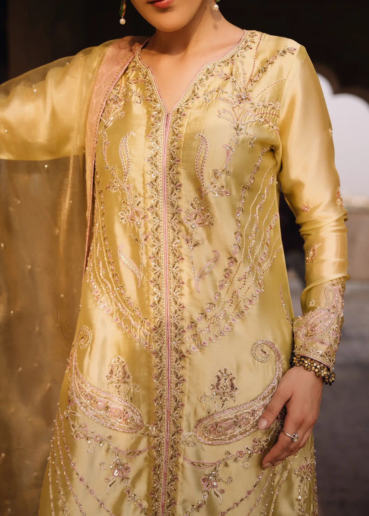 JEEM Selineh Lime yellow sheesha silk suit with cutdana Swarovski embellishment

