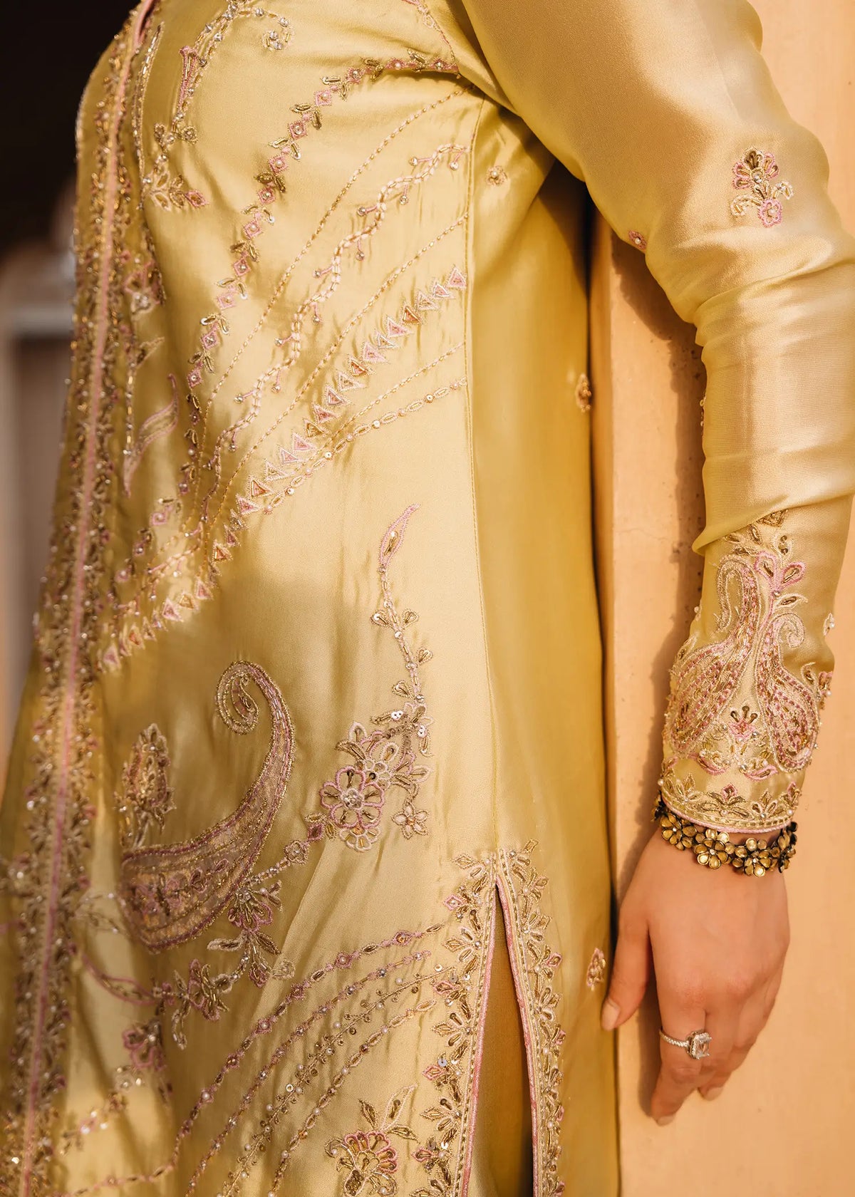 JEEM Selineh Lime yellow sheesha silk suit with cutdana Swarovski embellishment
