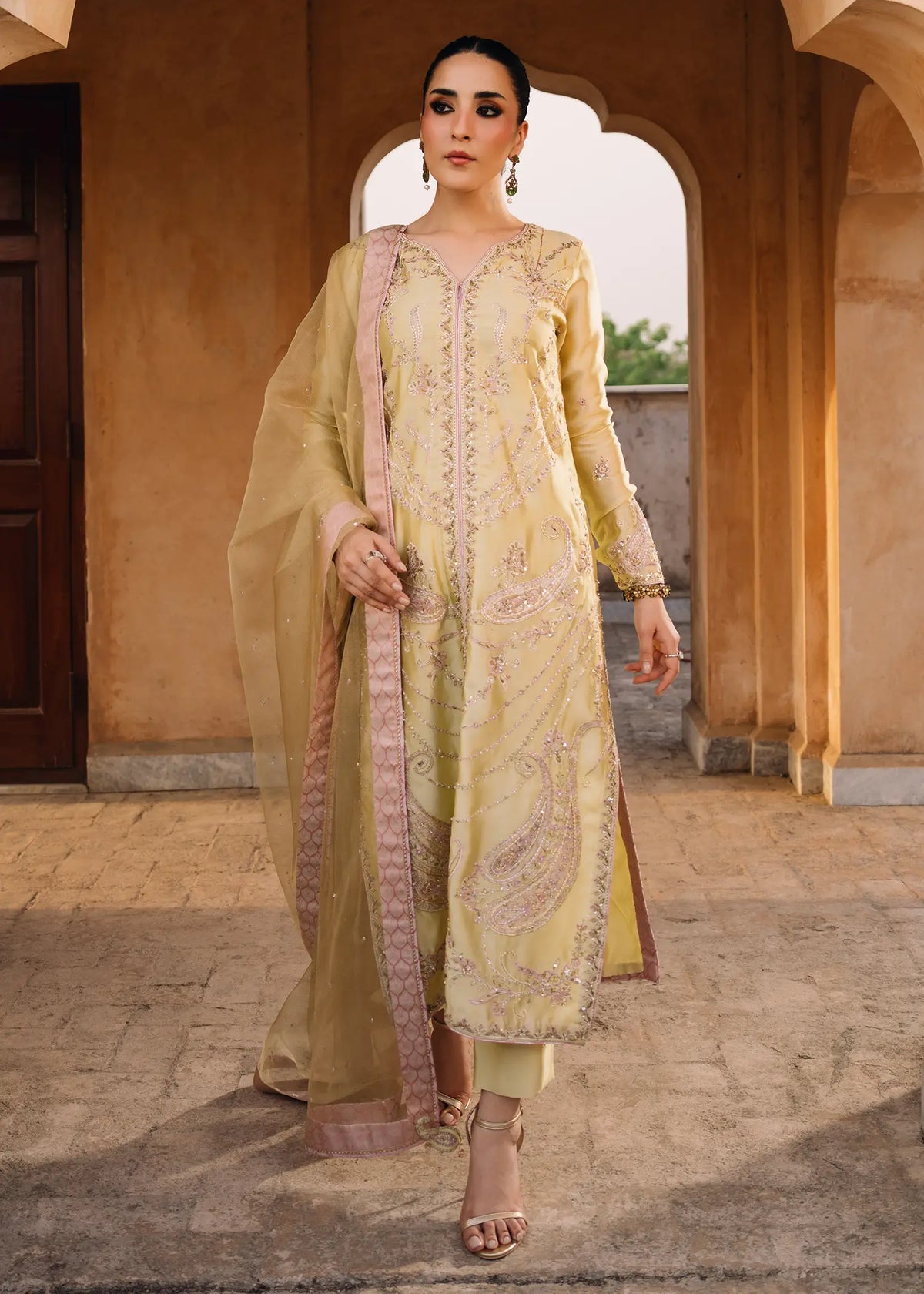 JEEM Selineh Lime yellow sheesha silk suit with cutdana Swarovski embellishment
