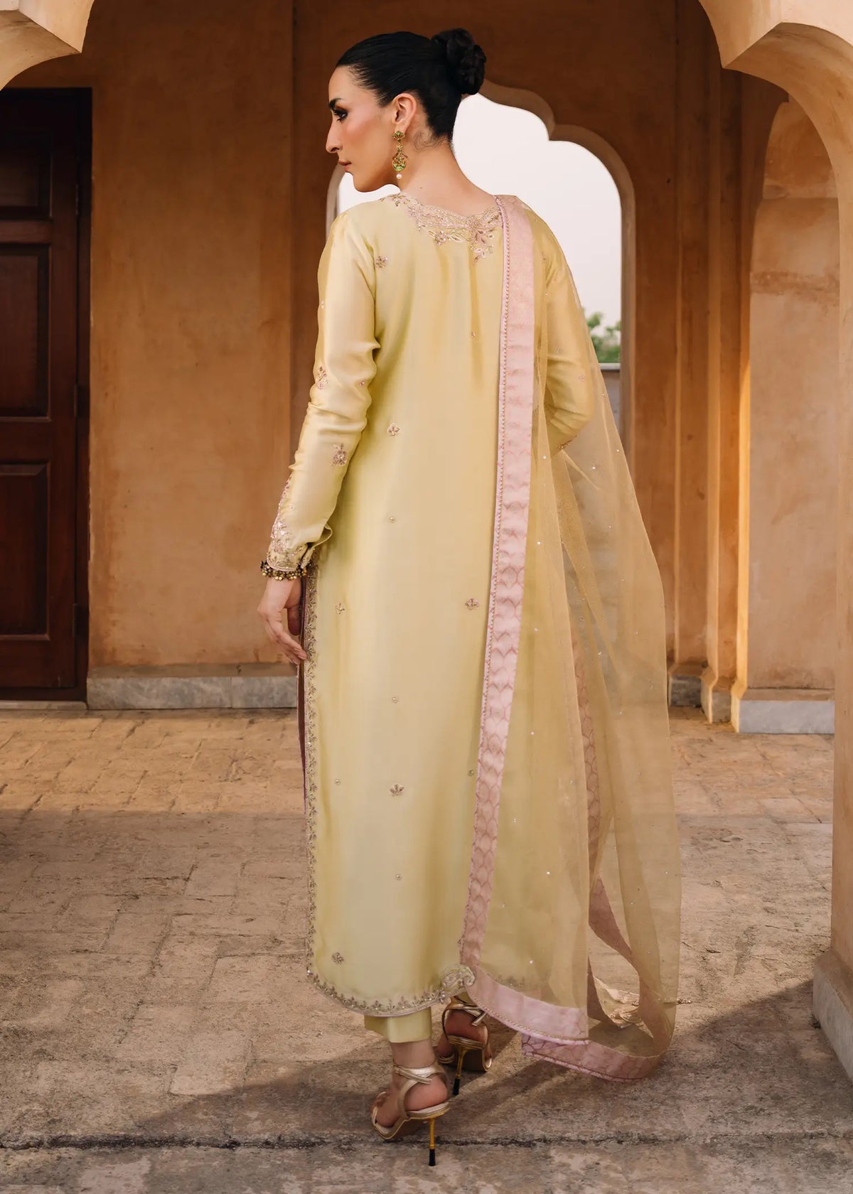 JEEM Selineh Lime yellow sheesha silk suit with cutdana Swarovski embellishment

