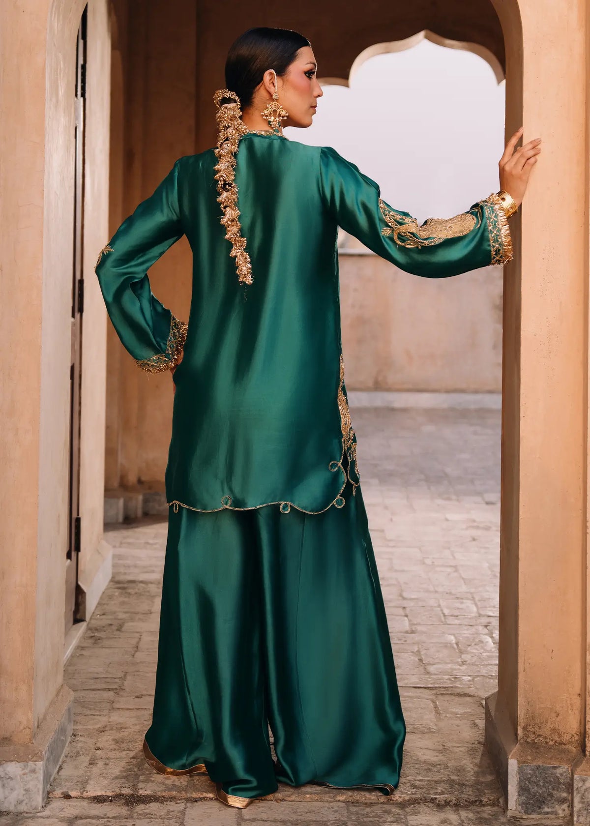 JEEM Emeral Zari emerald green sheesha silk suit with zardozi embroidery
