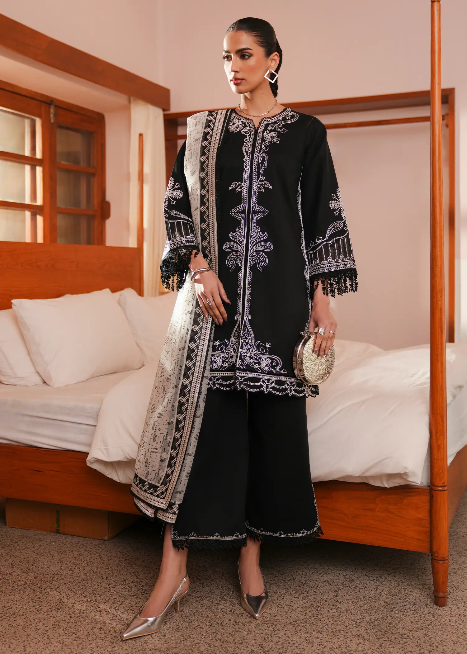 Ivory Ink Black lawn kurta with tasseled fringe cuffs