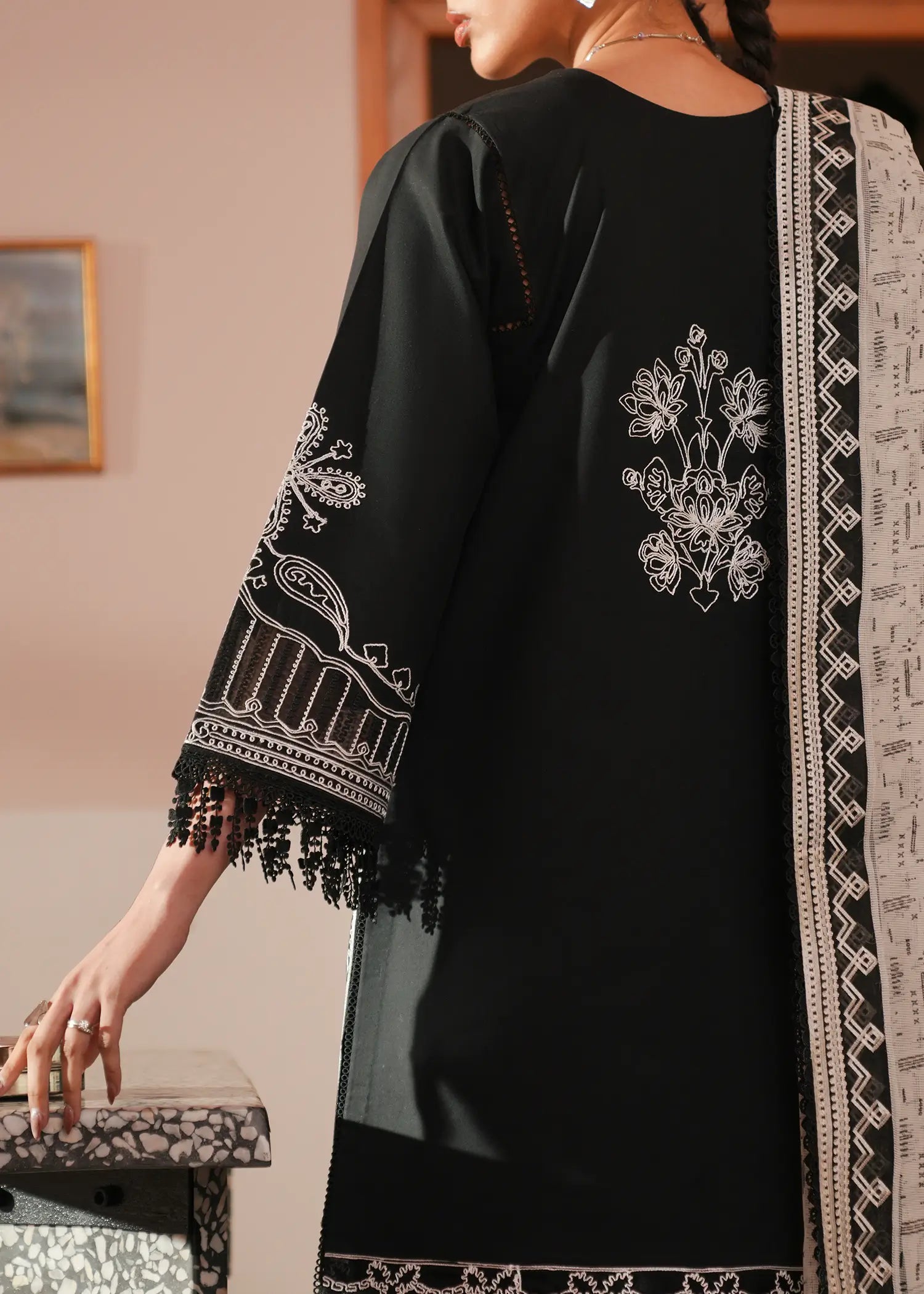 Ivory Ink Black lawn kurta with tasseled fringe cuffs
