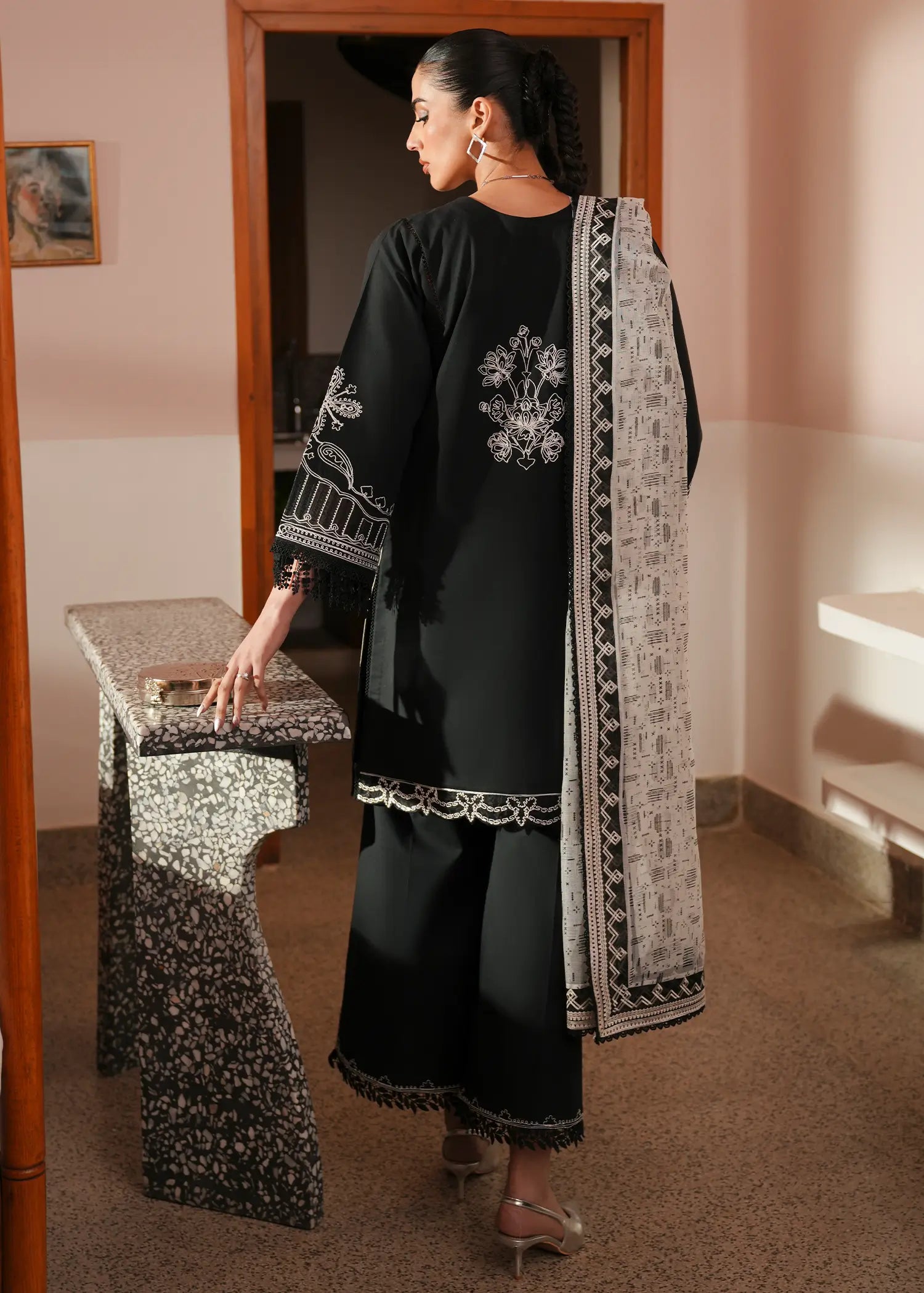 Ivory Ink Black lawn kurta with tasseled fringe cuffs