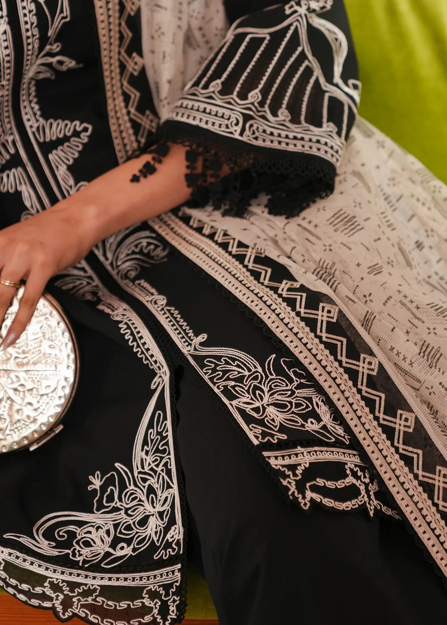 Ivory Ink Black lawn kurta with tasseled fringe cuffs