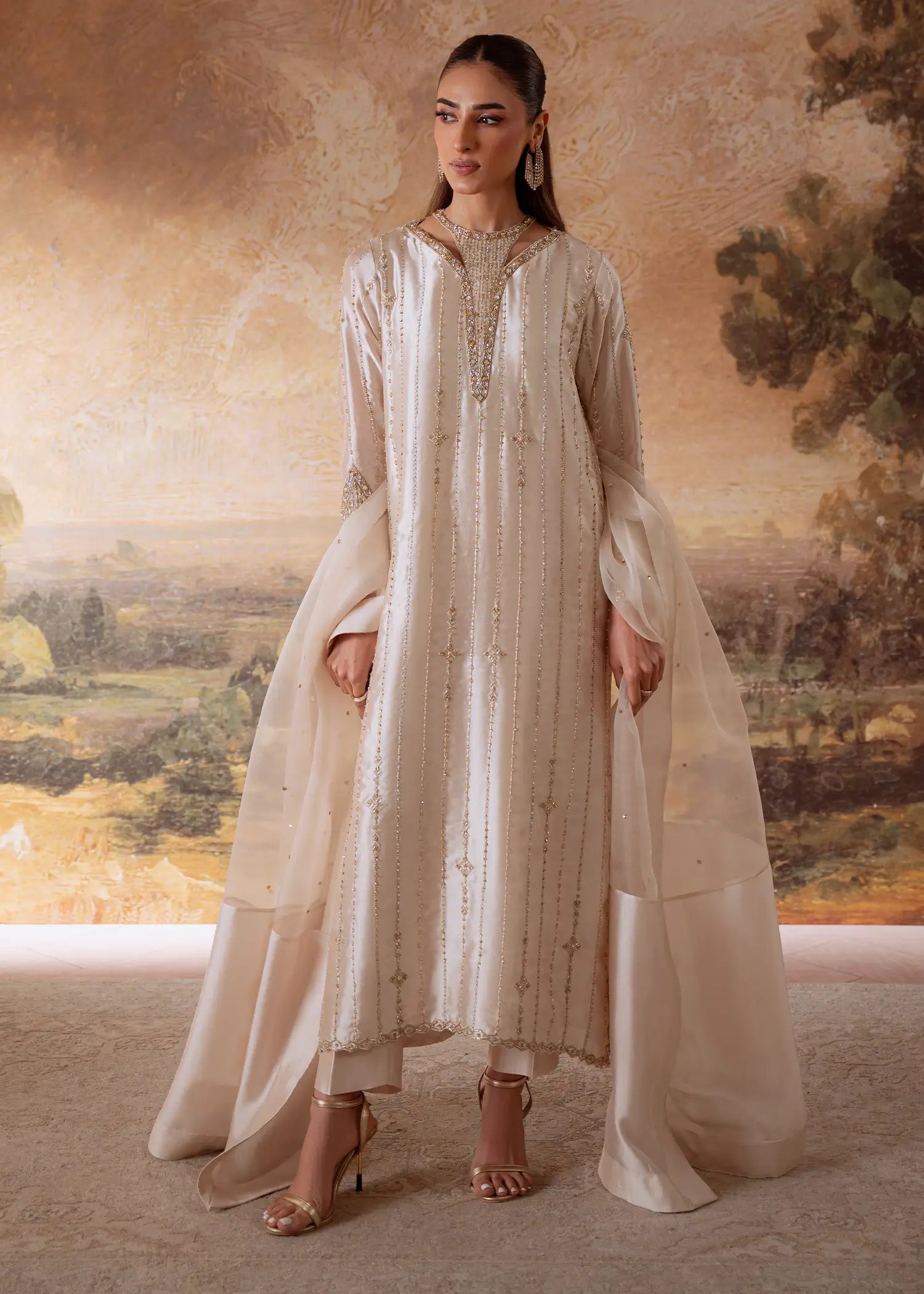 Ivory Seria sheesha silk kurta with crystal beaded panels
