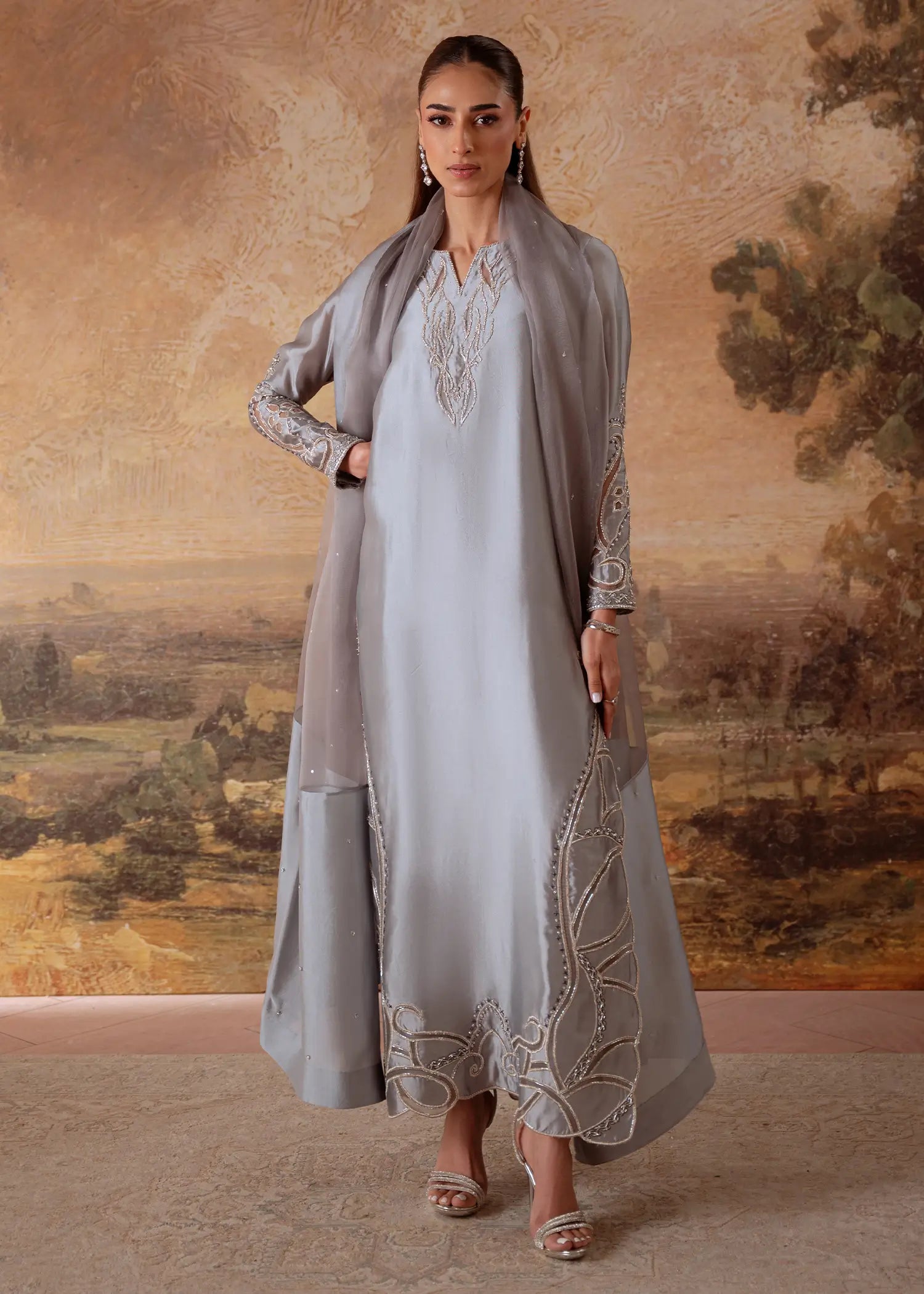 Jade Grey sheesha silk kurta with flame-motif embroidery