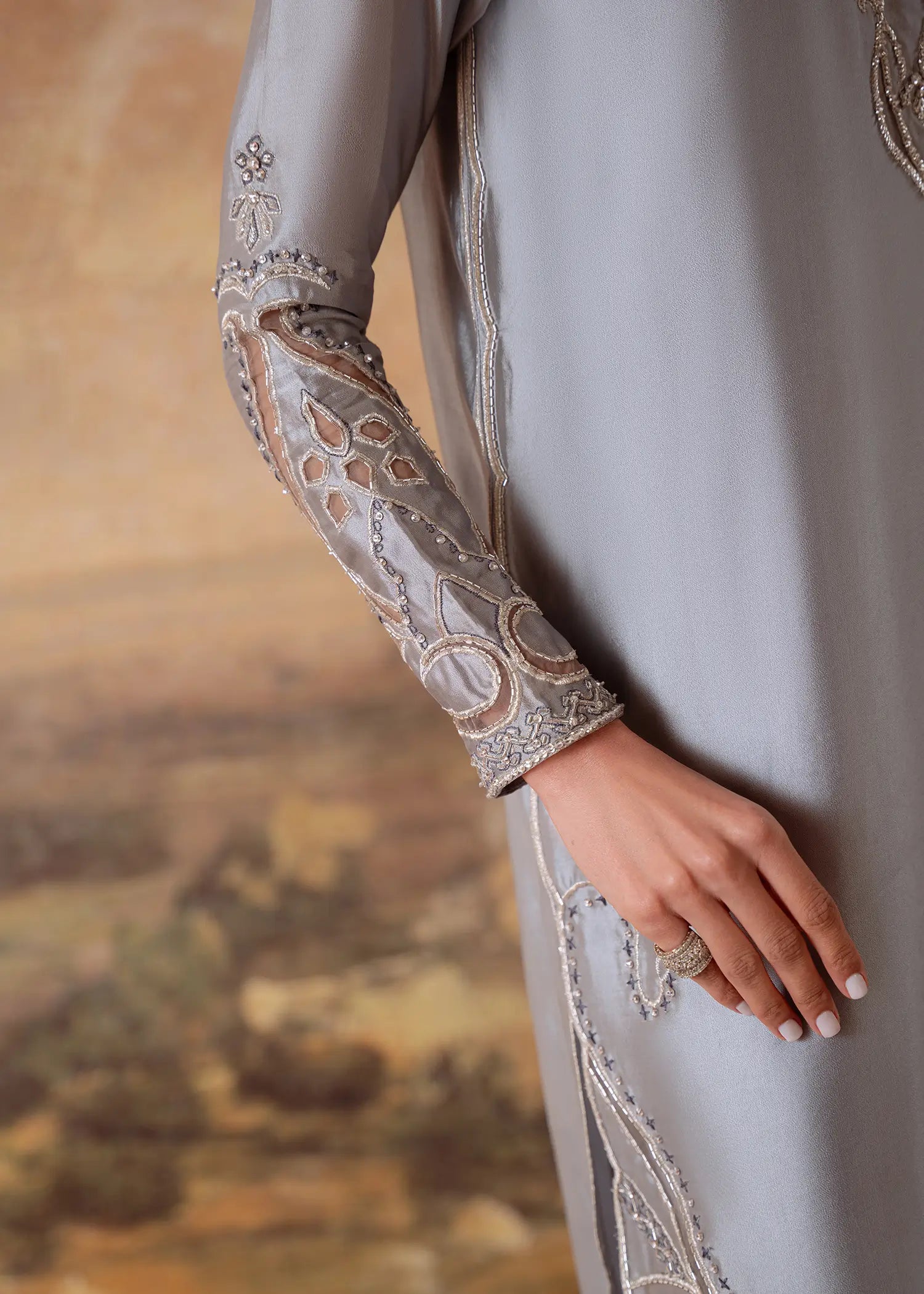 Jade Grey sheesha silk kurta with flame-motif embroidery