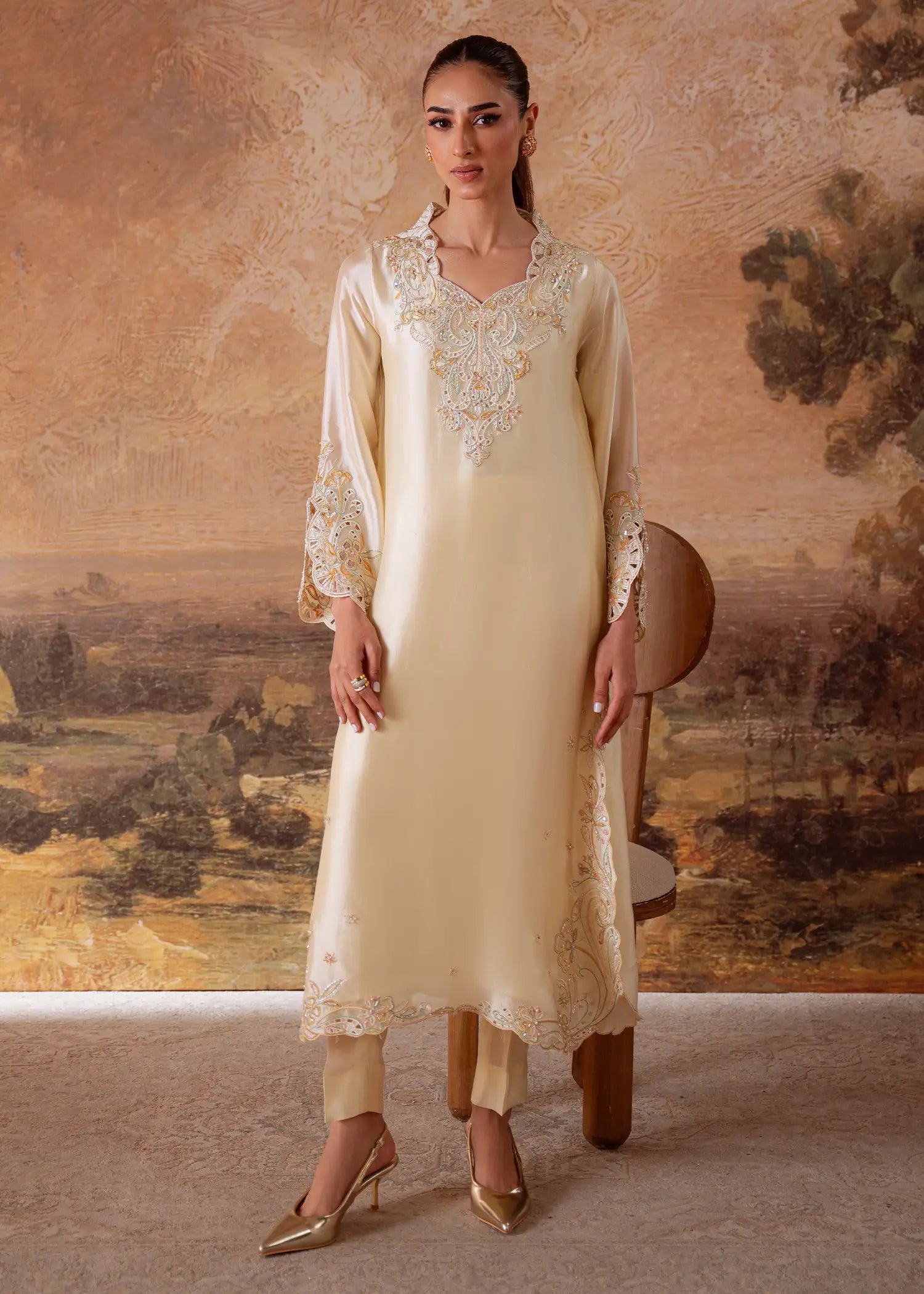 Lime Sheesha butter yellow kurta with scalloped embroidery