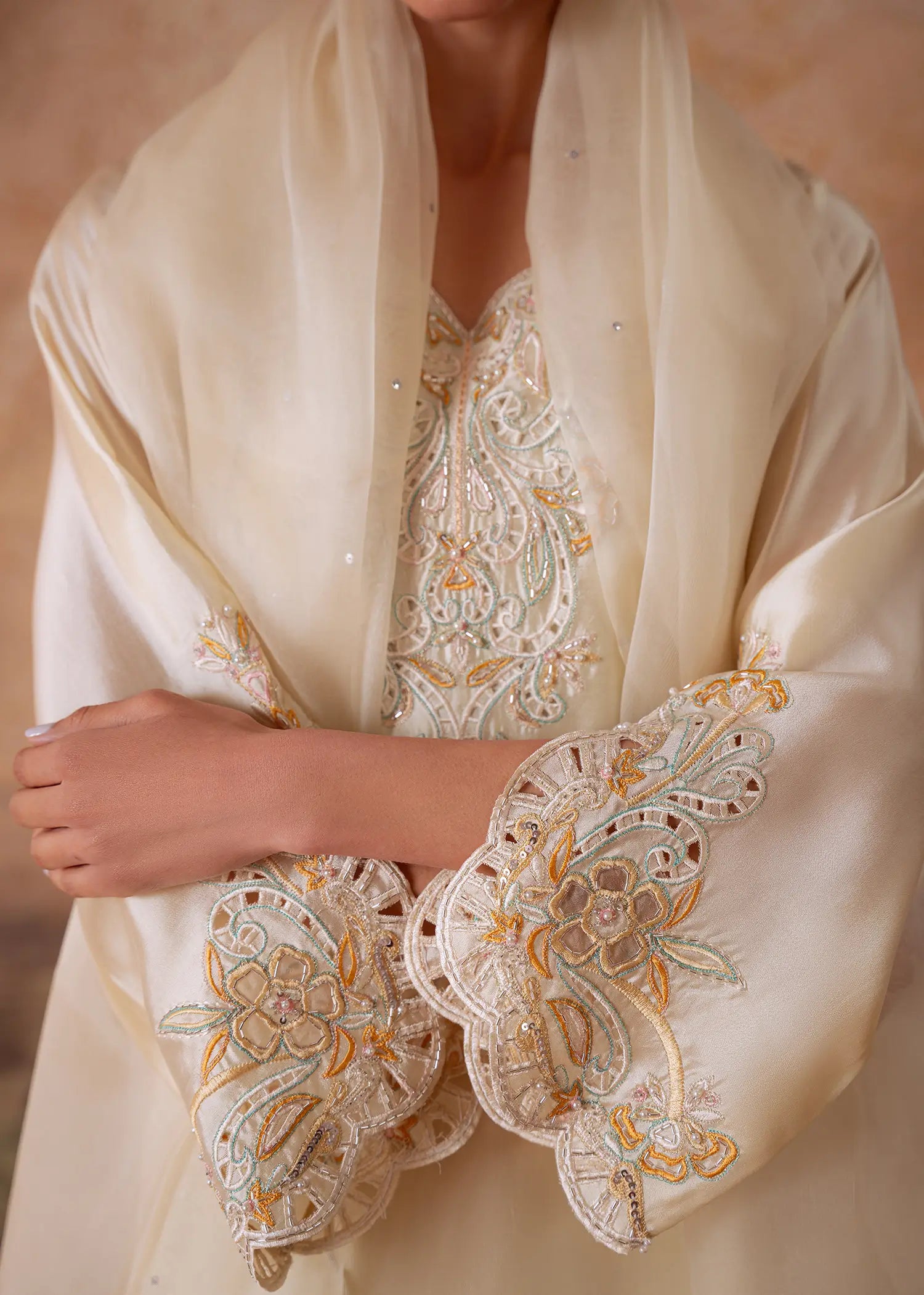 Lime Sheesha butter yellow kurta with scalloped embroidery