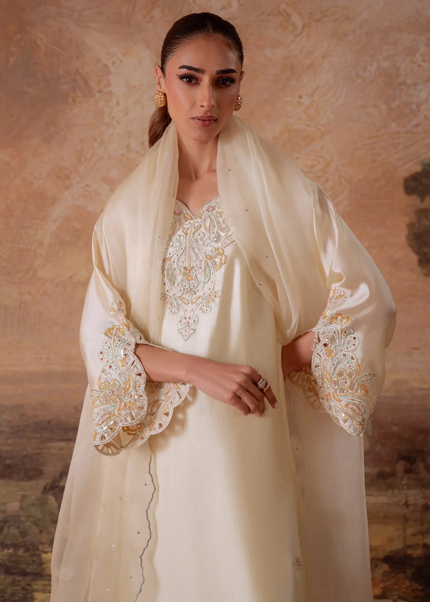 Lime Sheesha butter yellow kurta with scalloped embroidery