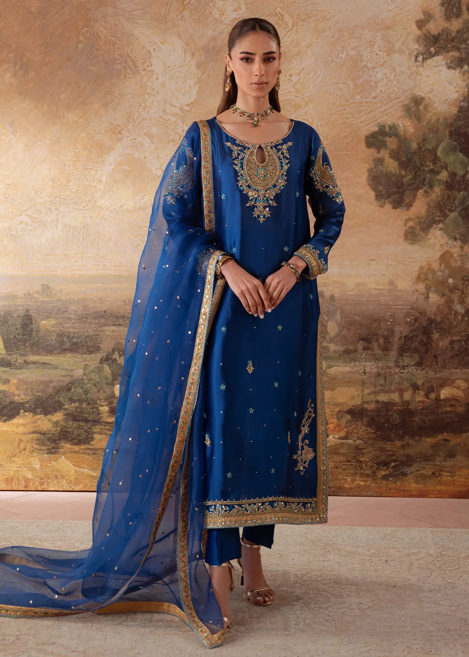 Manzil Blue sheesha silk kurta with embellished neckline