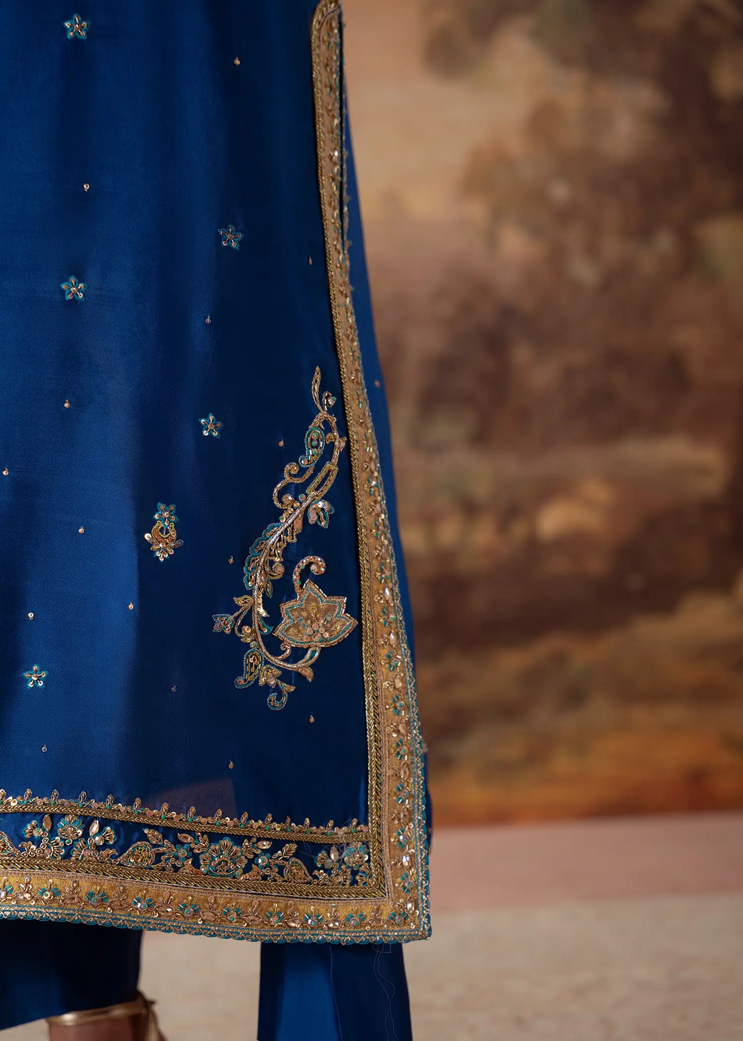 Manzil Blue sheesha silk kurta with embellished neckline