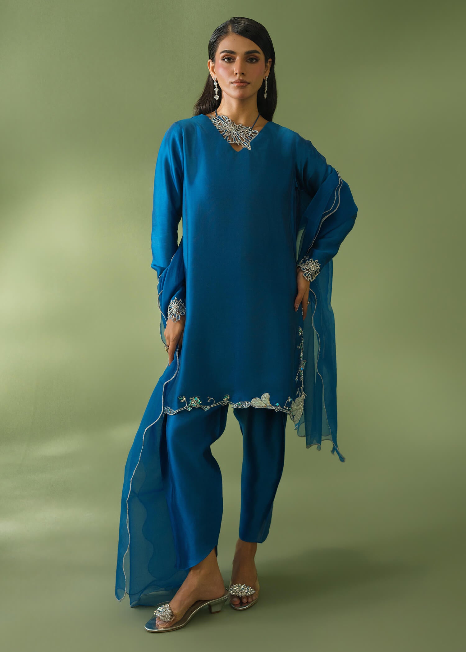 Royal blue silk 3-piece suit with organza patchwork detailing