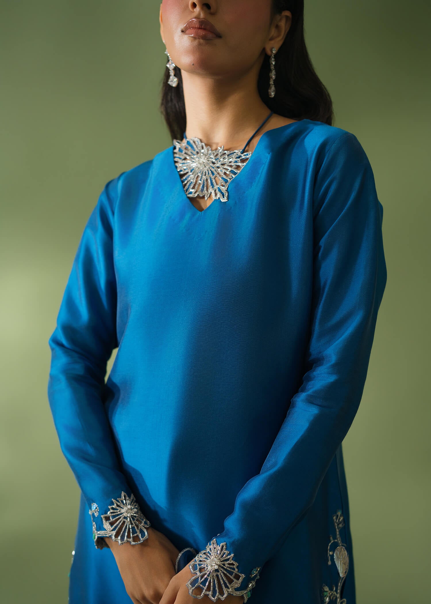 Royal blue silk 3-piece suit with organza patchwork detailing