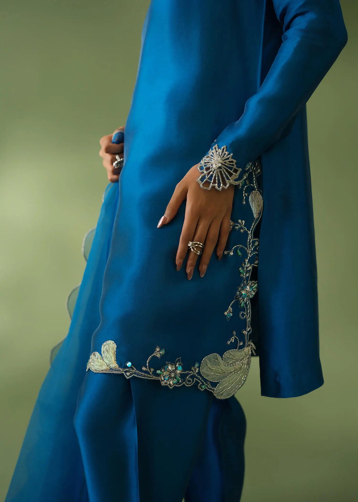 Royal blue silk 3-piece suit with organza patchwork detailing