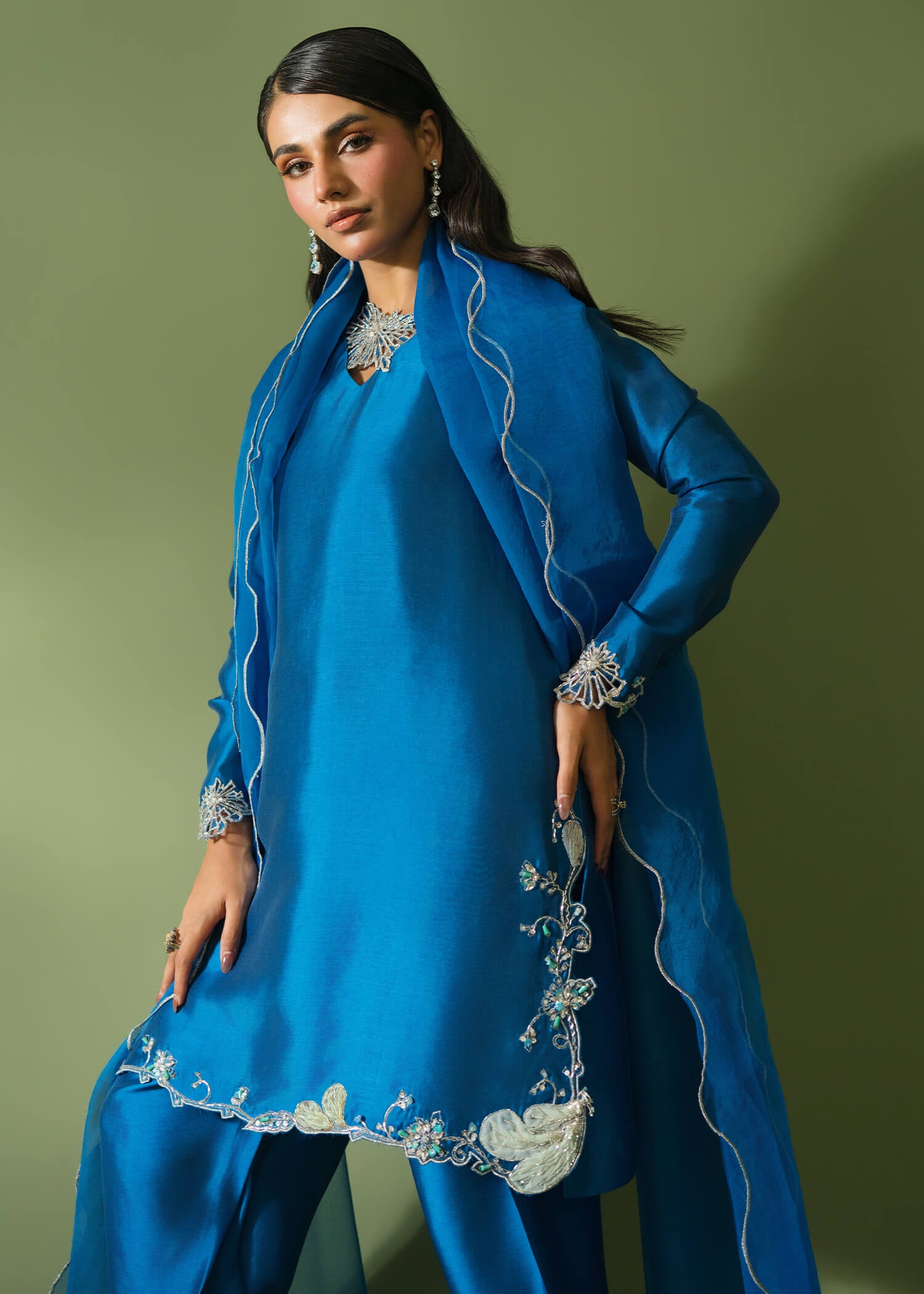 Royal blue silk 3-piece suit with organza patchwork detailing