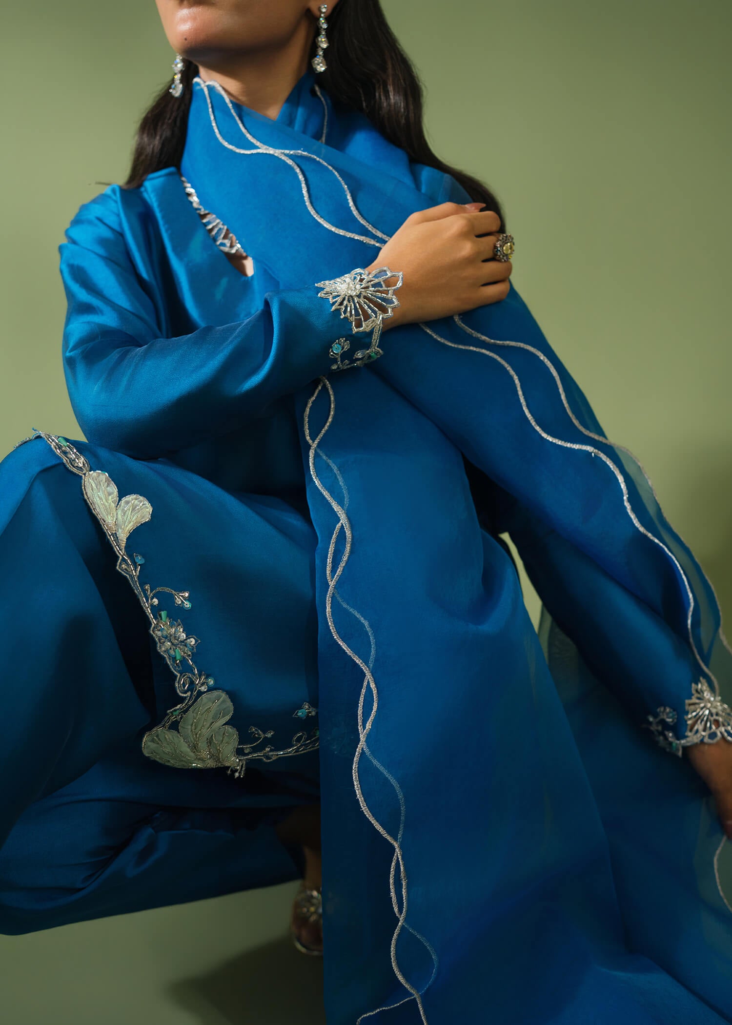 Royal blue silk 3-piece suit with organza patchwork detailing