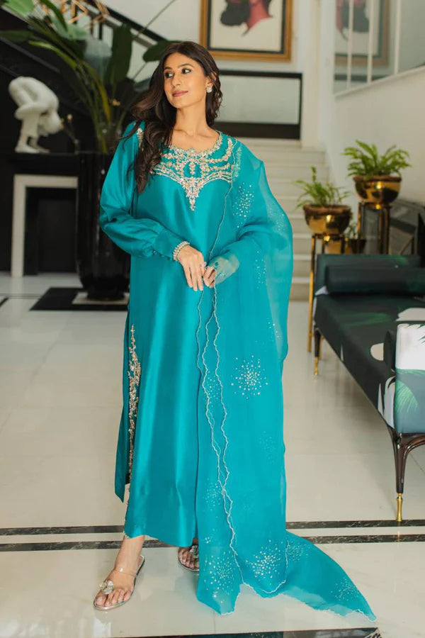 JEEM Anna Teal turquoise raw silk three piece with organza dupatta