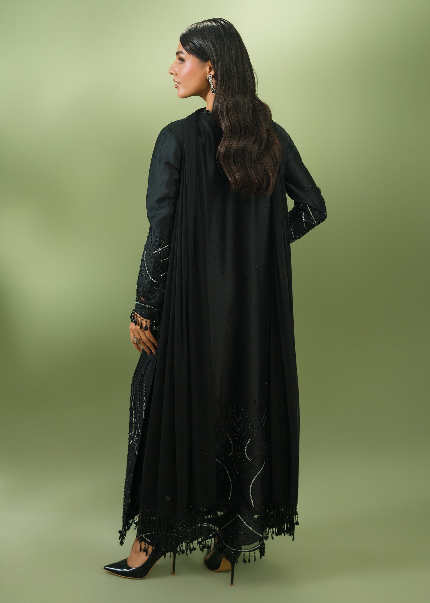 Black formal kurta with sequin hem and embellished collar