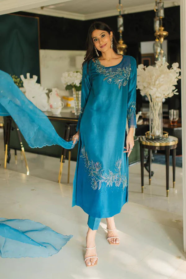 azure teal raw silk dress