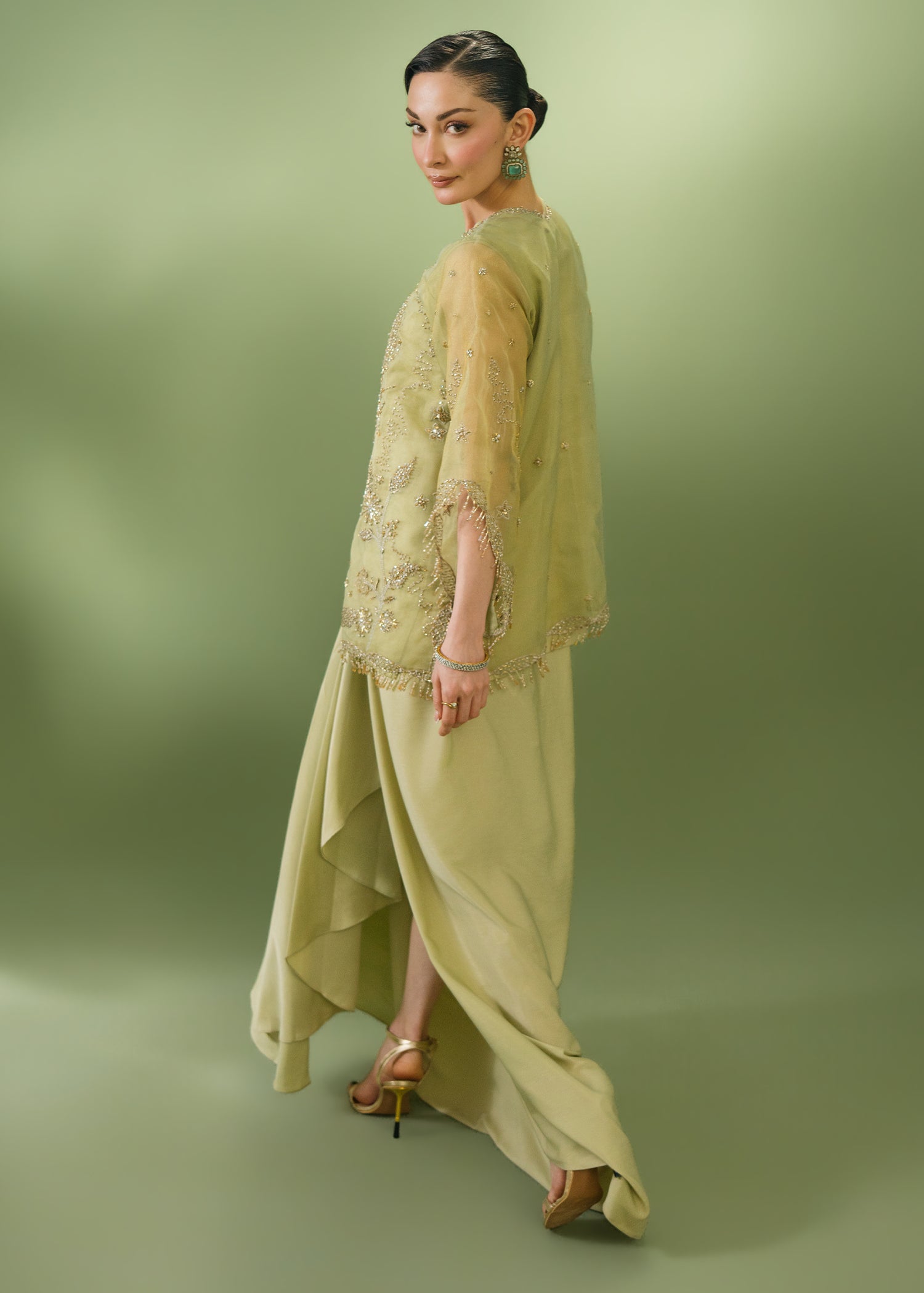 Pistachio green organza jacket with chamuse silk skirt