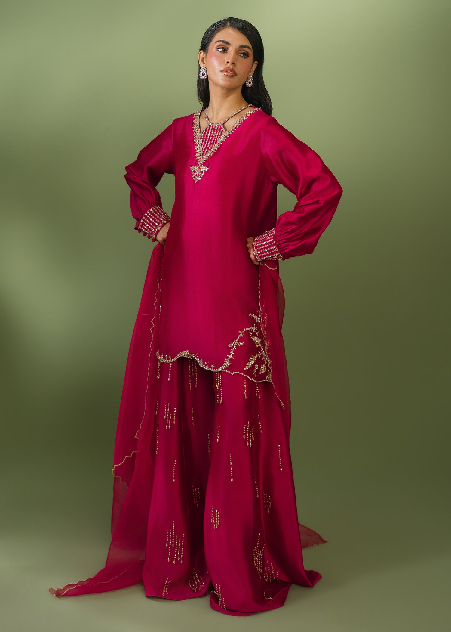 Rouge 3 piece embroidered sharara suit with organza dupatta